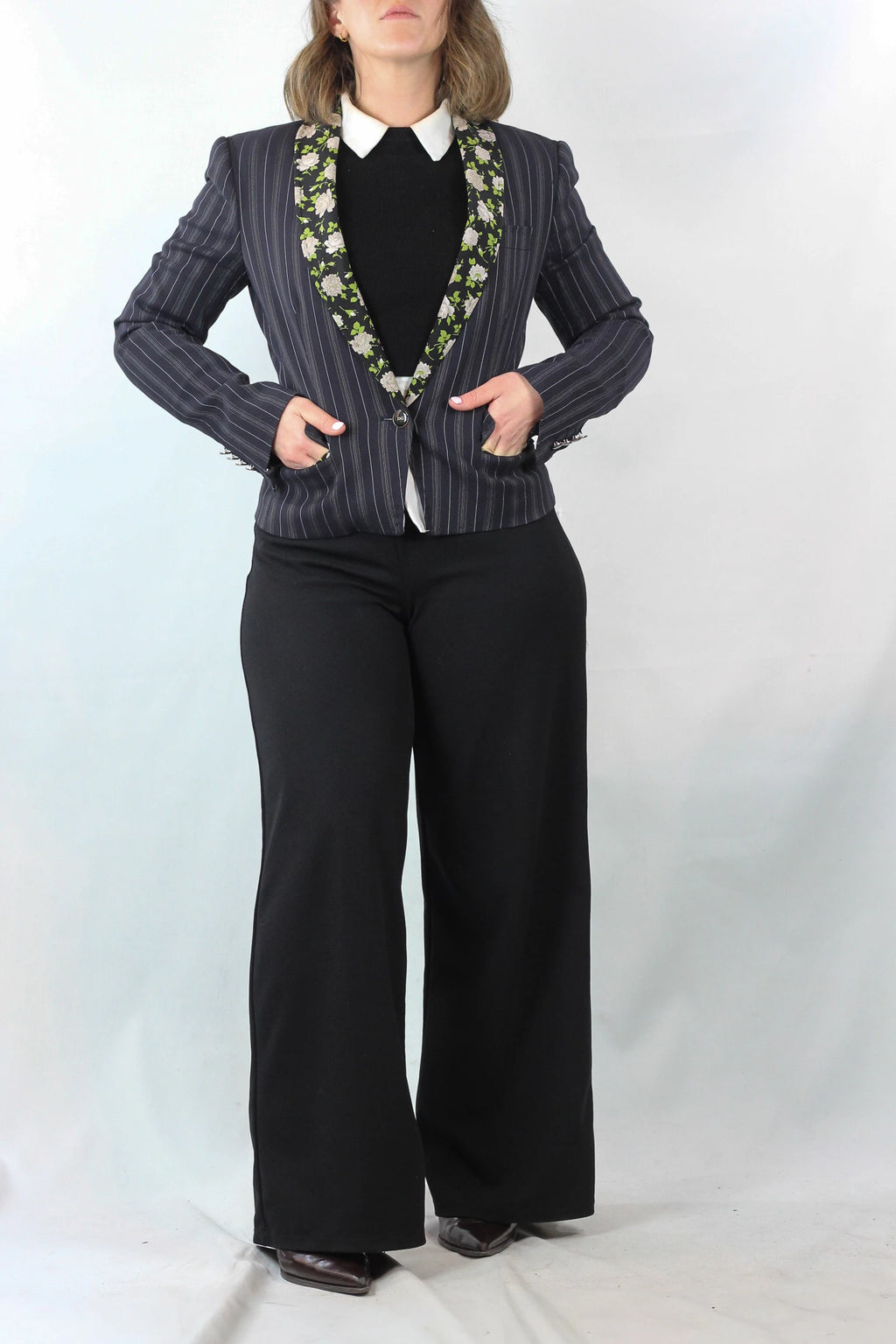 Striped Slim Blazer with Floral Silk Lapel