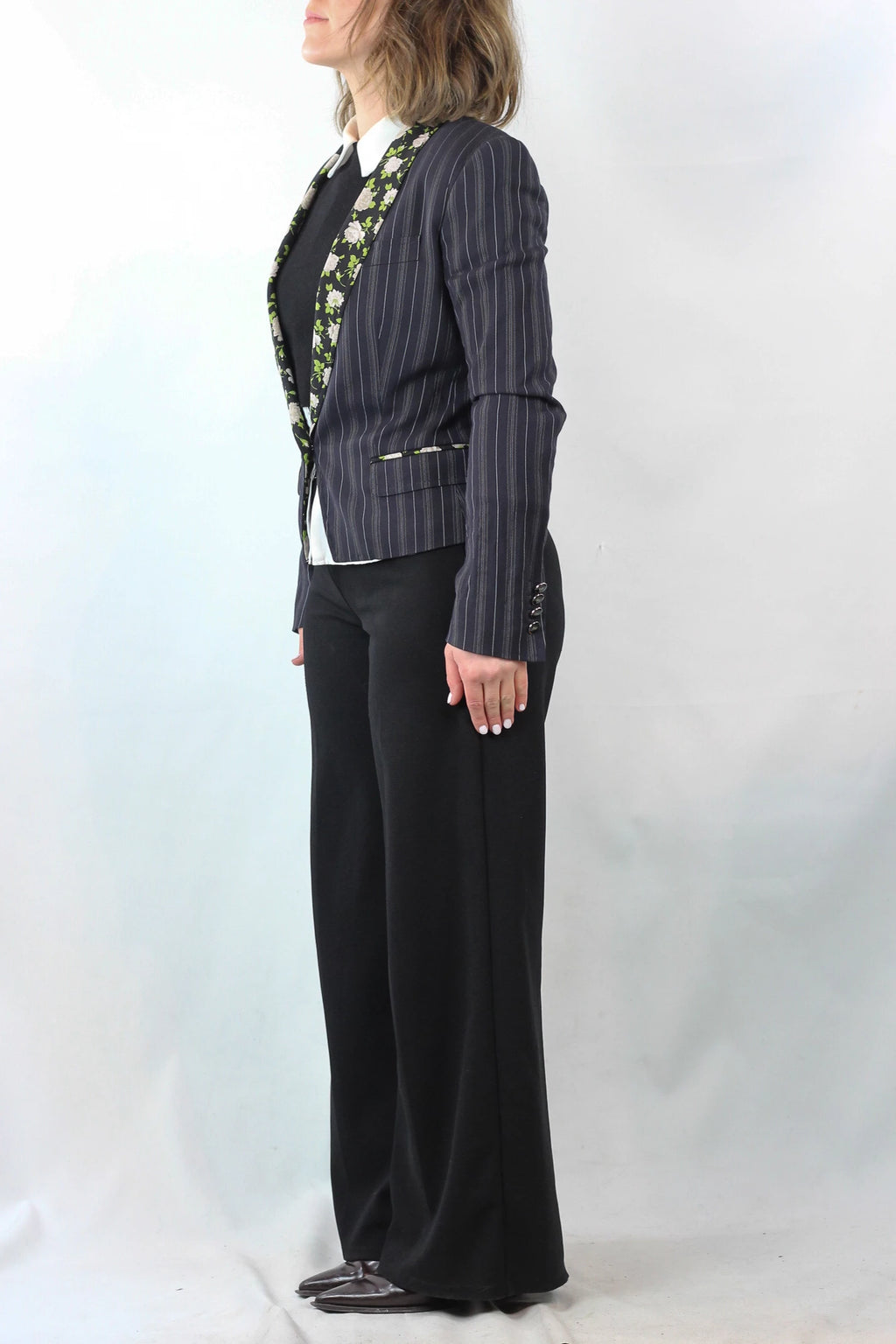 Striped Slim Blazer with Floral Silk Lapel
