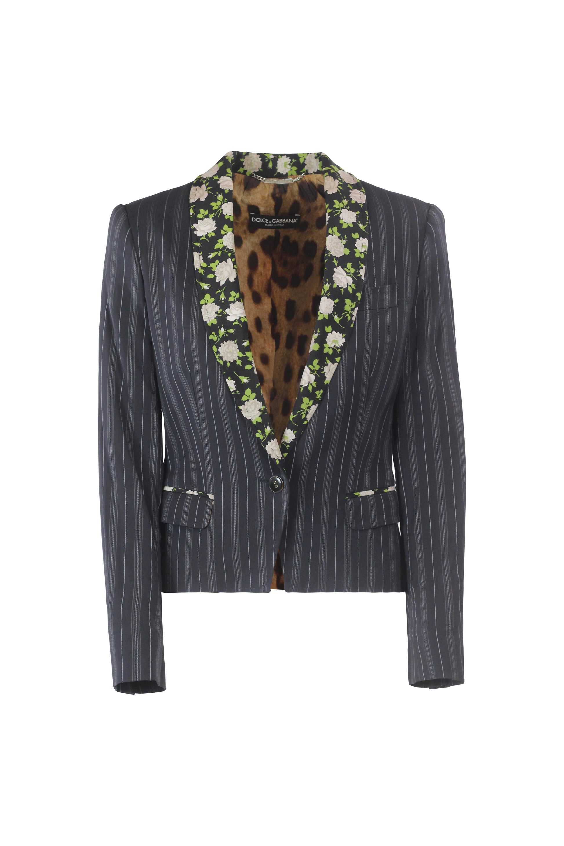 Striped Slim Blazer with Floral Silk Lapel