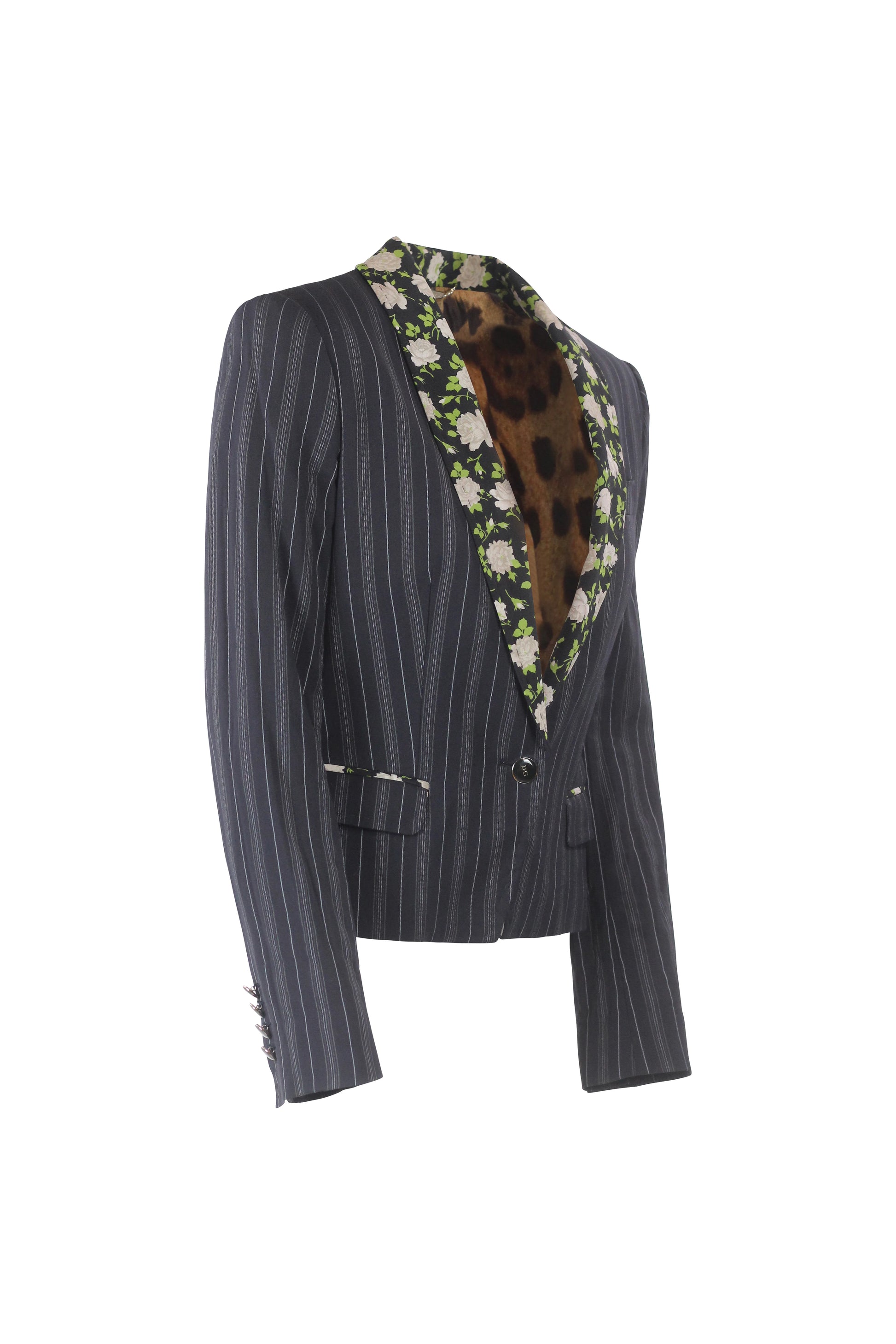 Striped Slim Blazer with Floral Silk Lapel