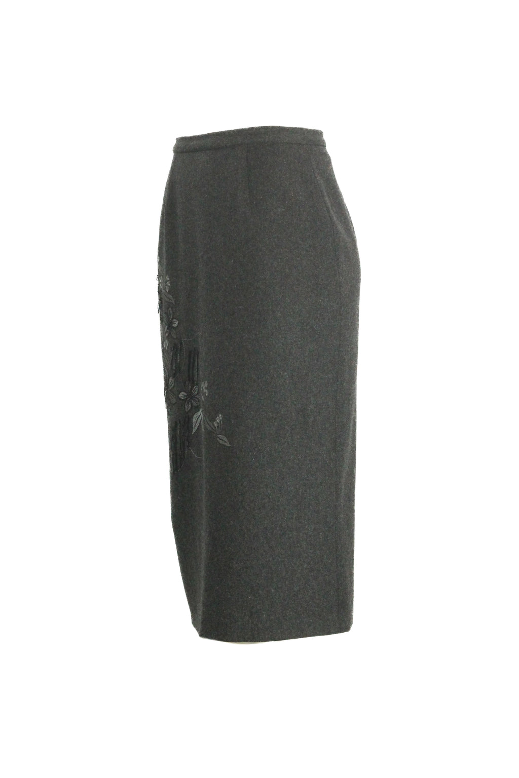 Wool midi skirt with floral embroidery and slit