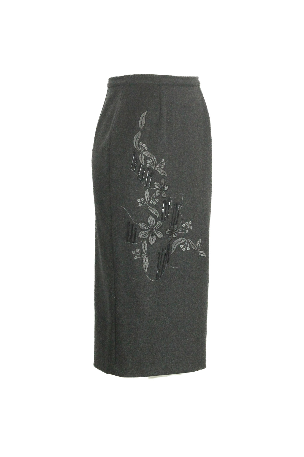 Wool midi skirt with floral embroidery and slit