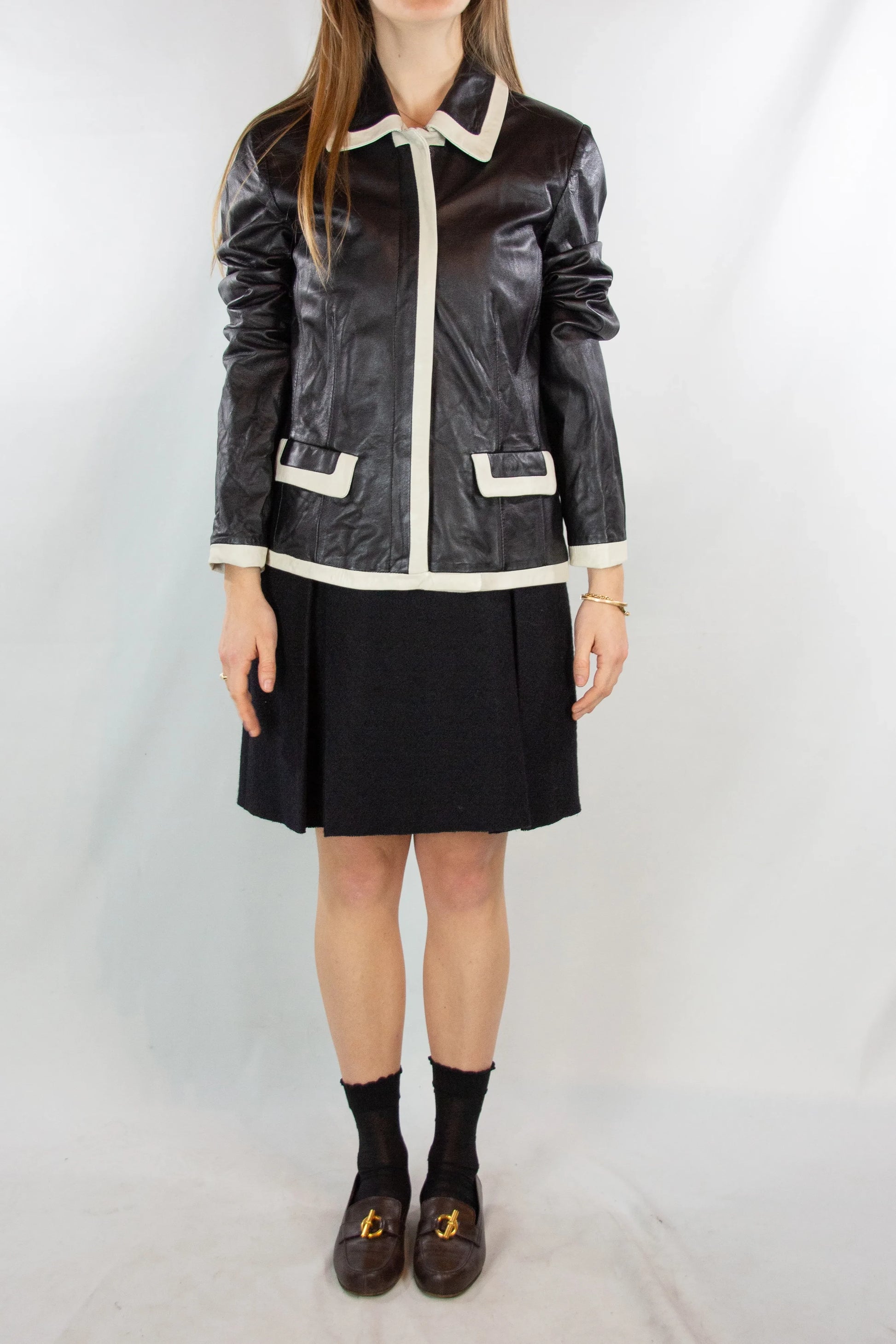Black Leather Short Jacket with White Contrast Trim