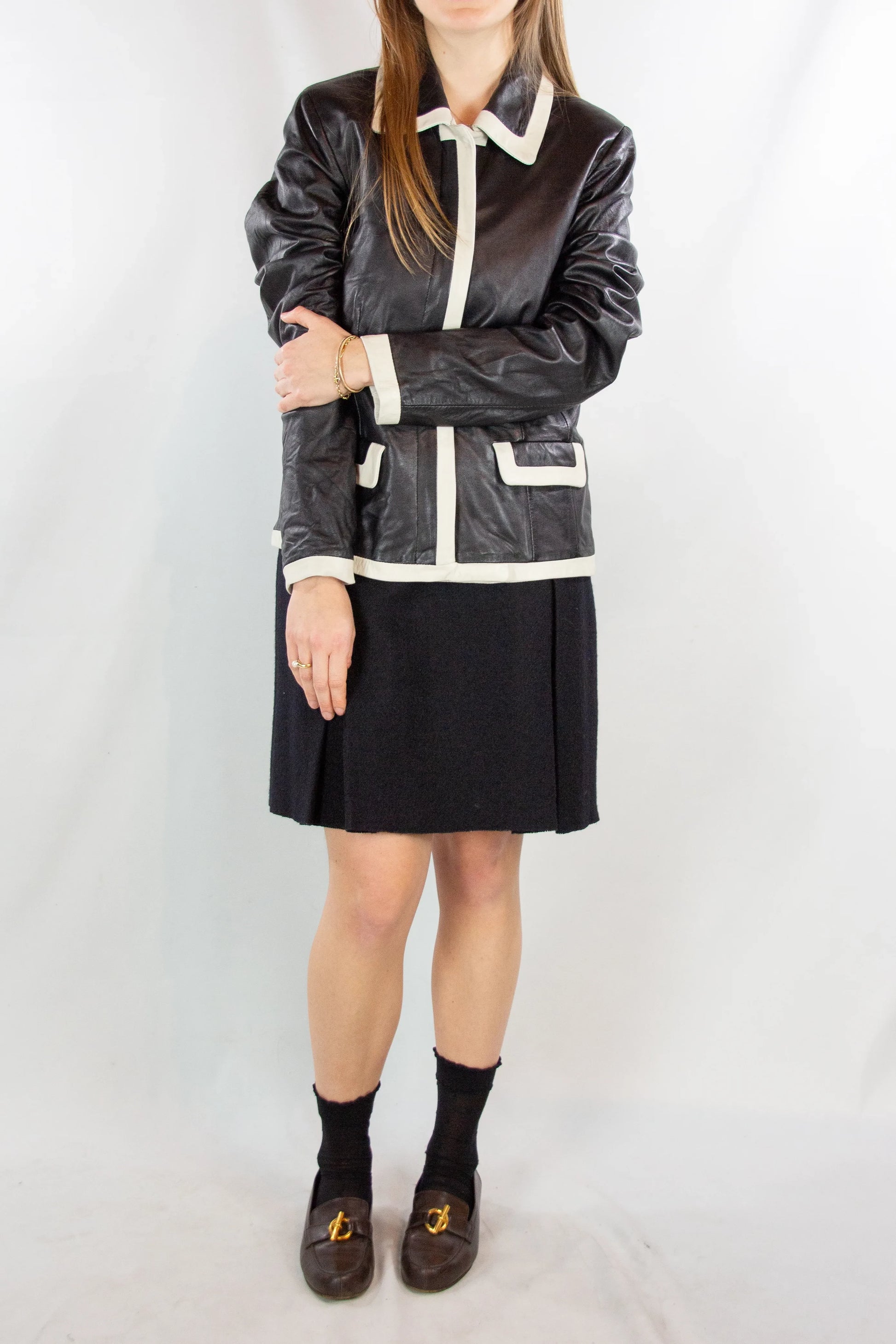 Black Leather Short Jacket with White Contrast Trim