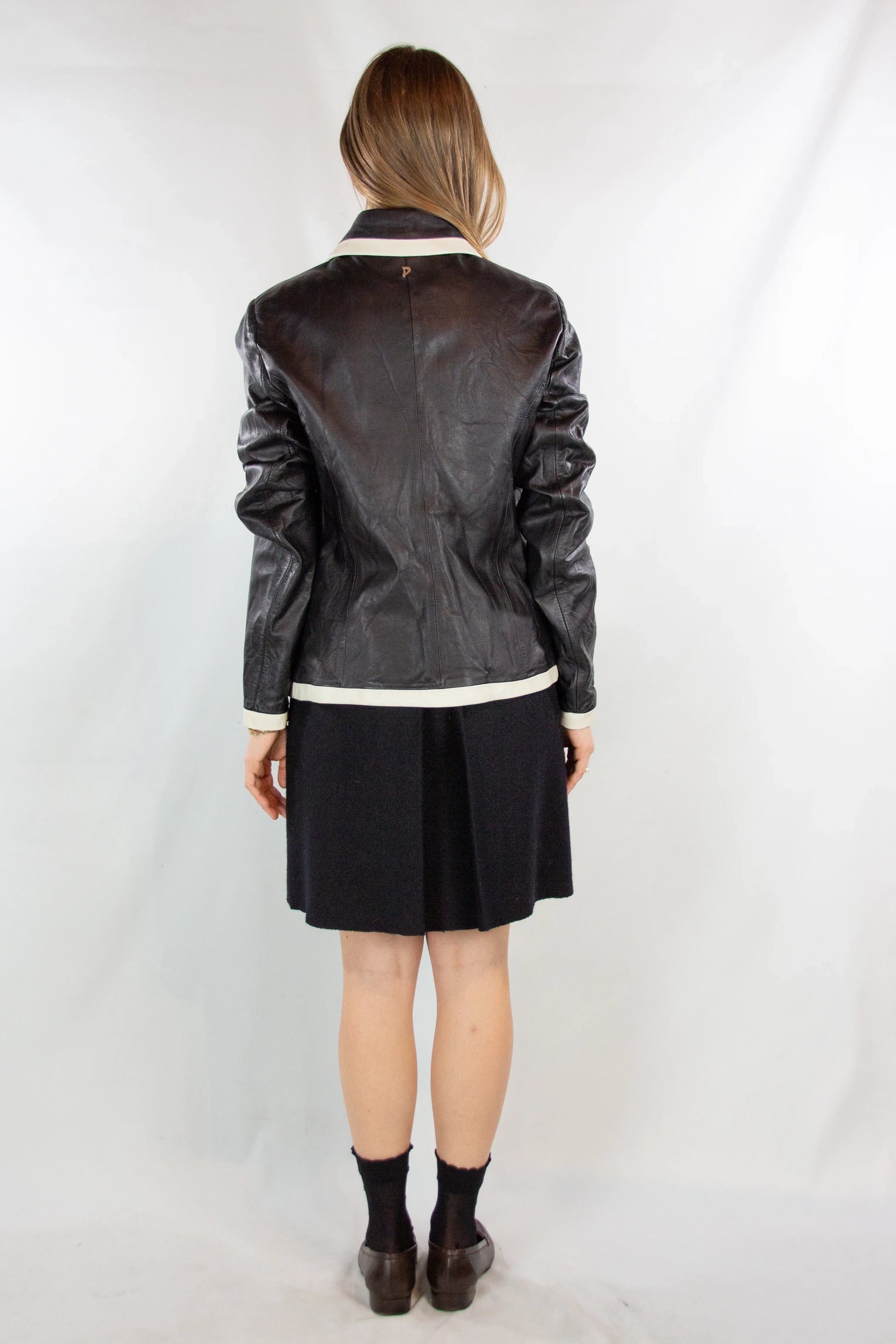 Black Leather Short Jacket with White Contrast Trim