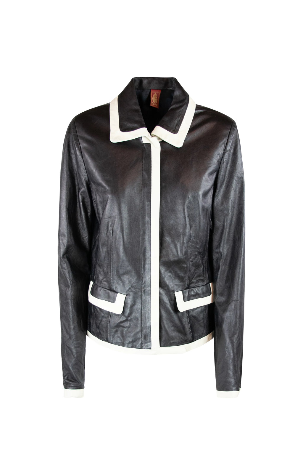 Black Leather Short Jacket with White Contrast Trim