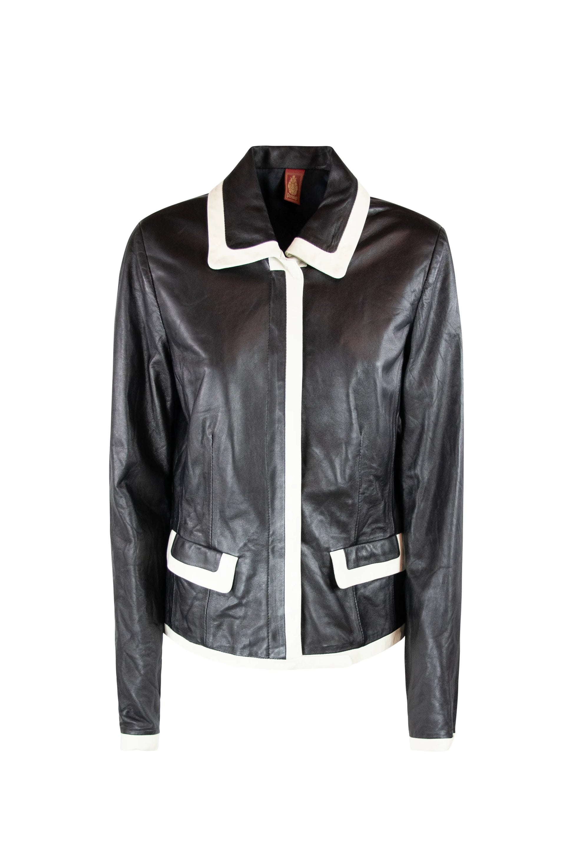 Black Leather Short Jacket with White Contrast Trim