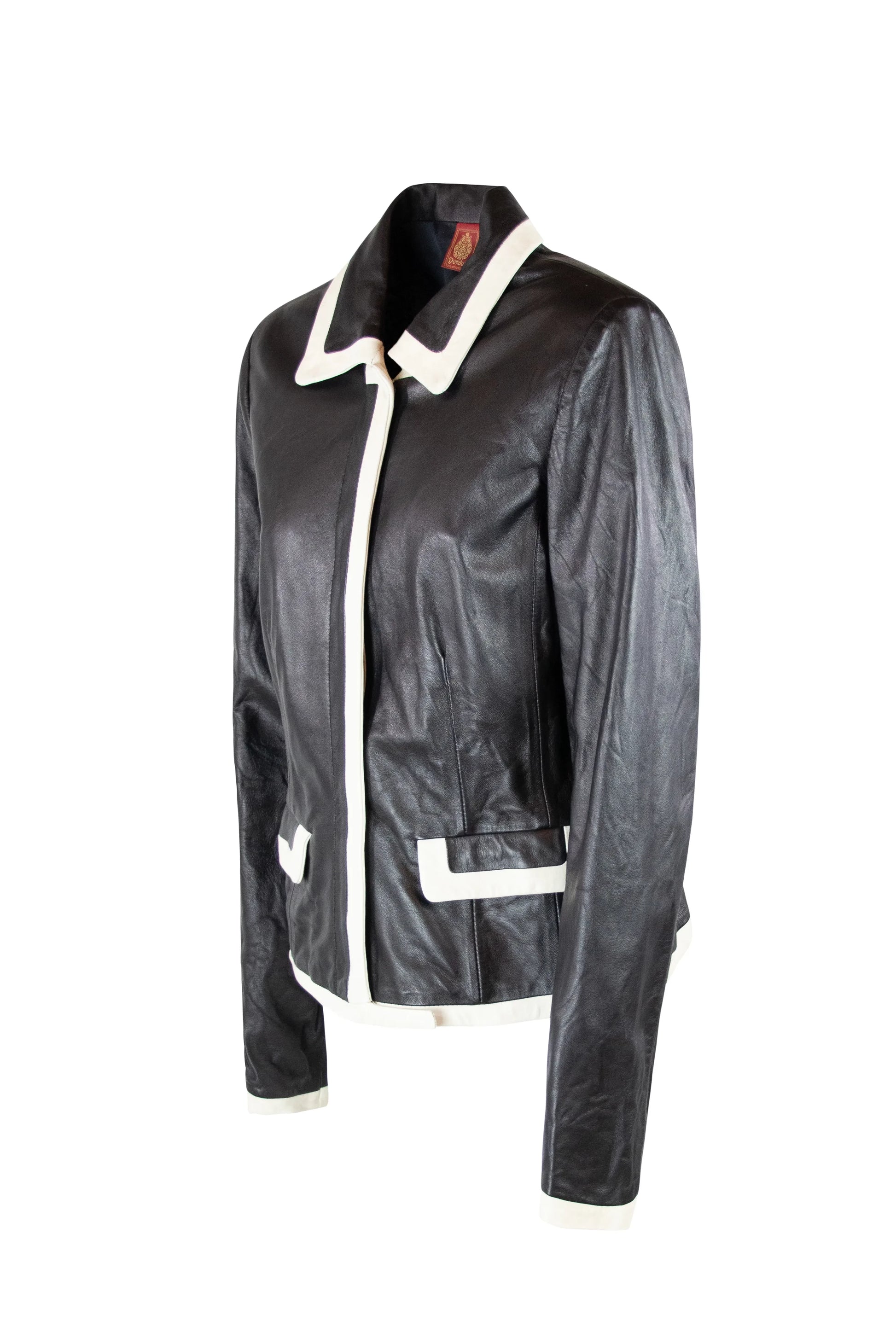 Black Leather Short Jacket with White Contrast Trim