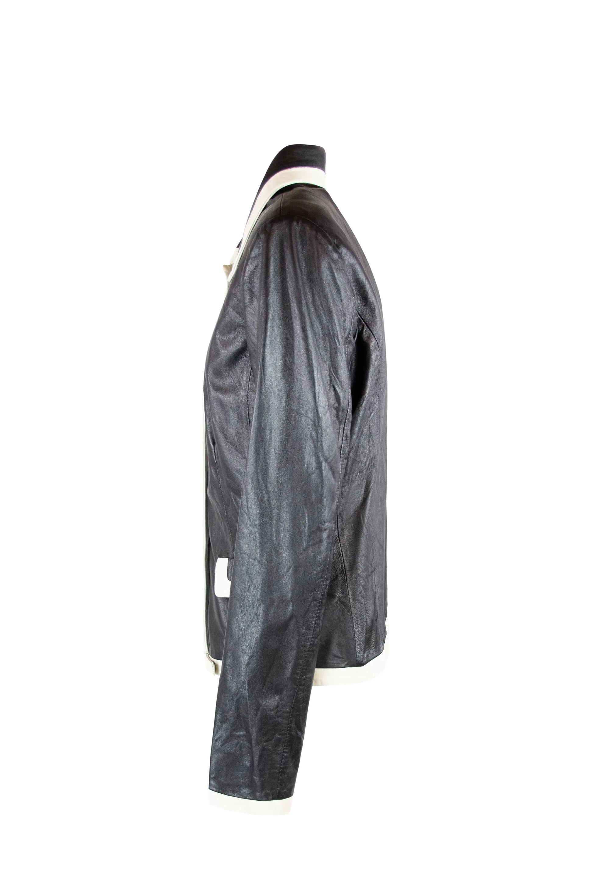 Black Leather Short Jacket with White Contrast Trim