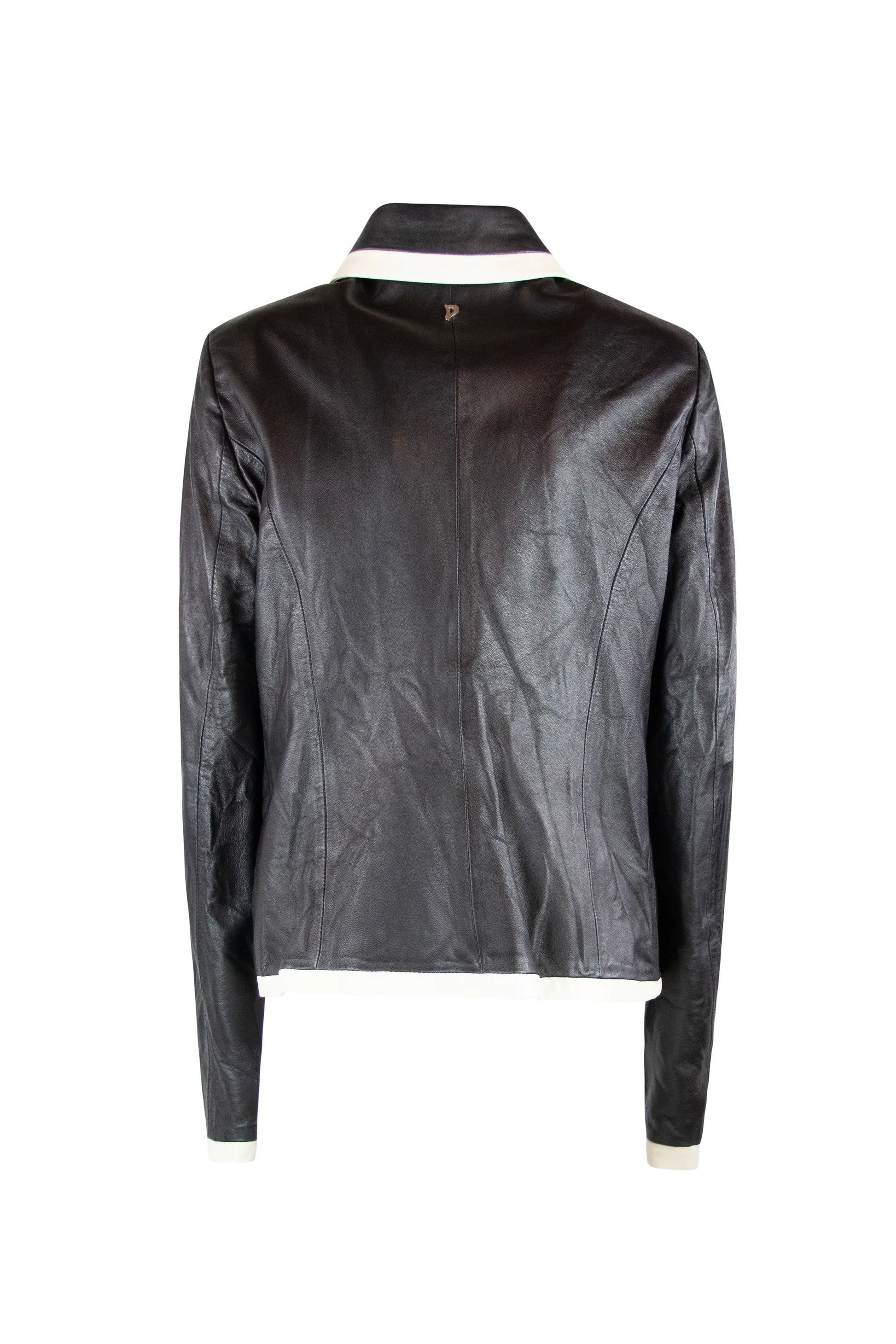 Black Leather Short Jacket with White Contrast Trim