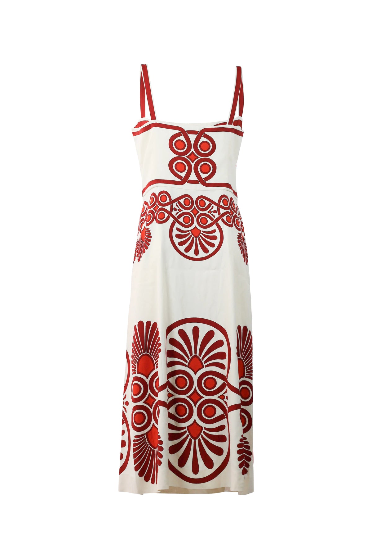 Cream & Red Ornamental Print Midi Dress