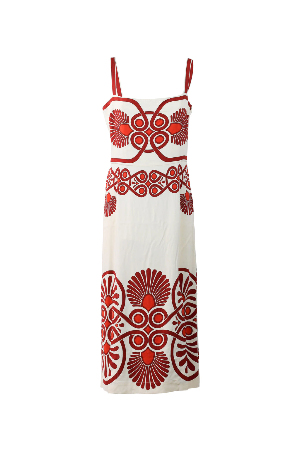 Cream & Red Ornamental Print Midi Dress