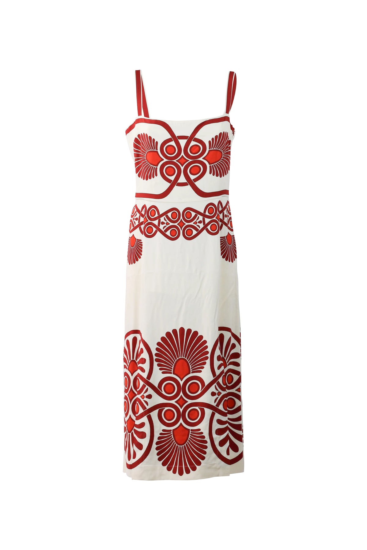 Cream & Red Ornamental Print Midi Dress