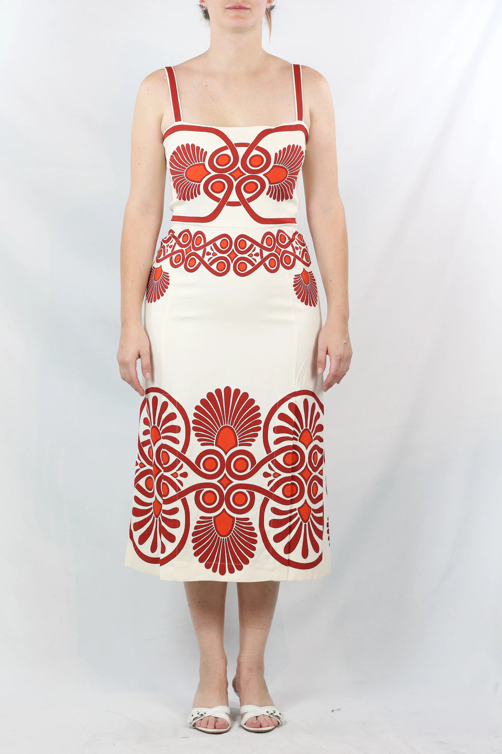 Cream & Red Ornamental Print Midi Dress