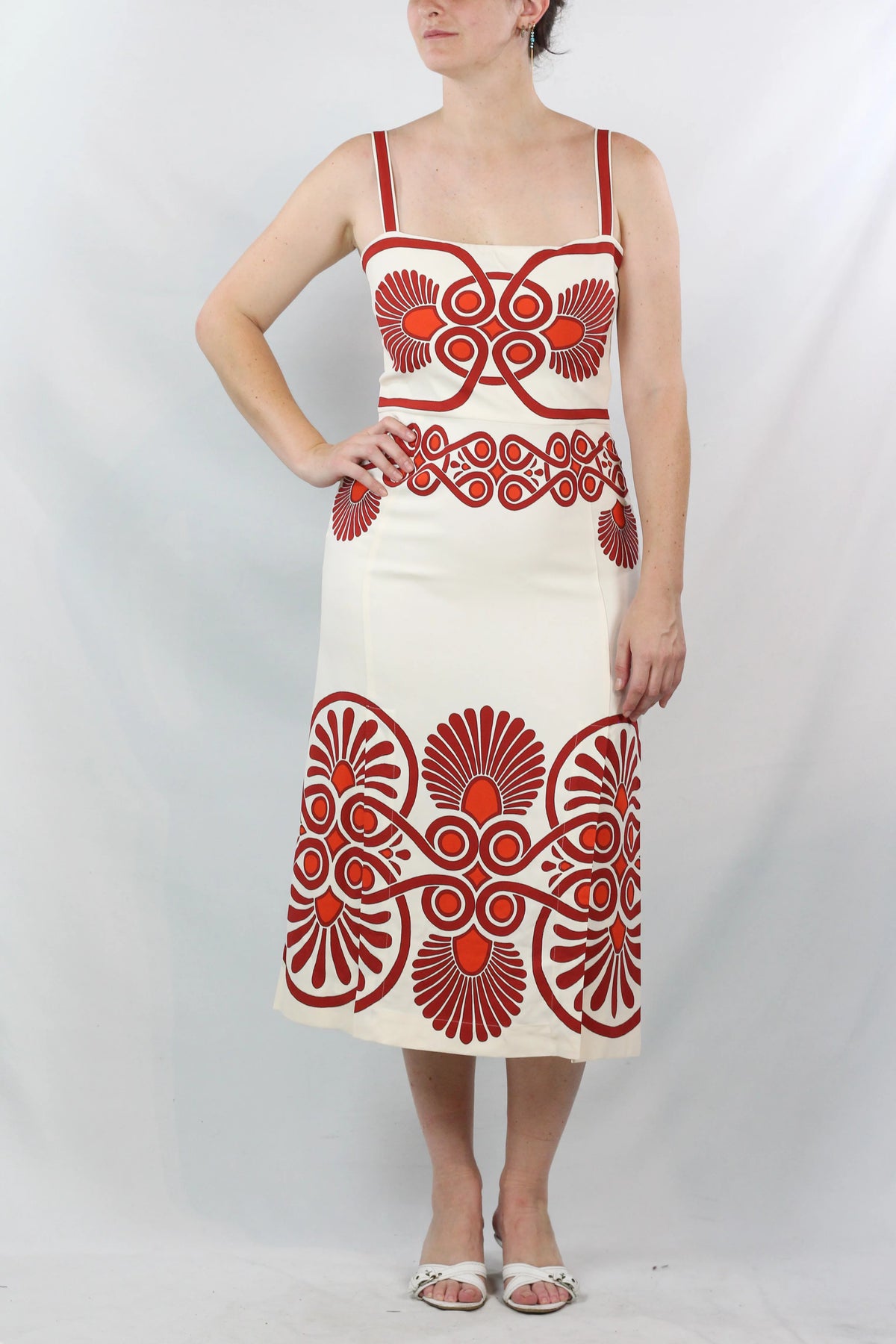 Cream & Red Ornamental Print Midi Dress
