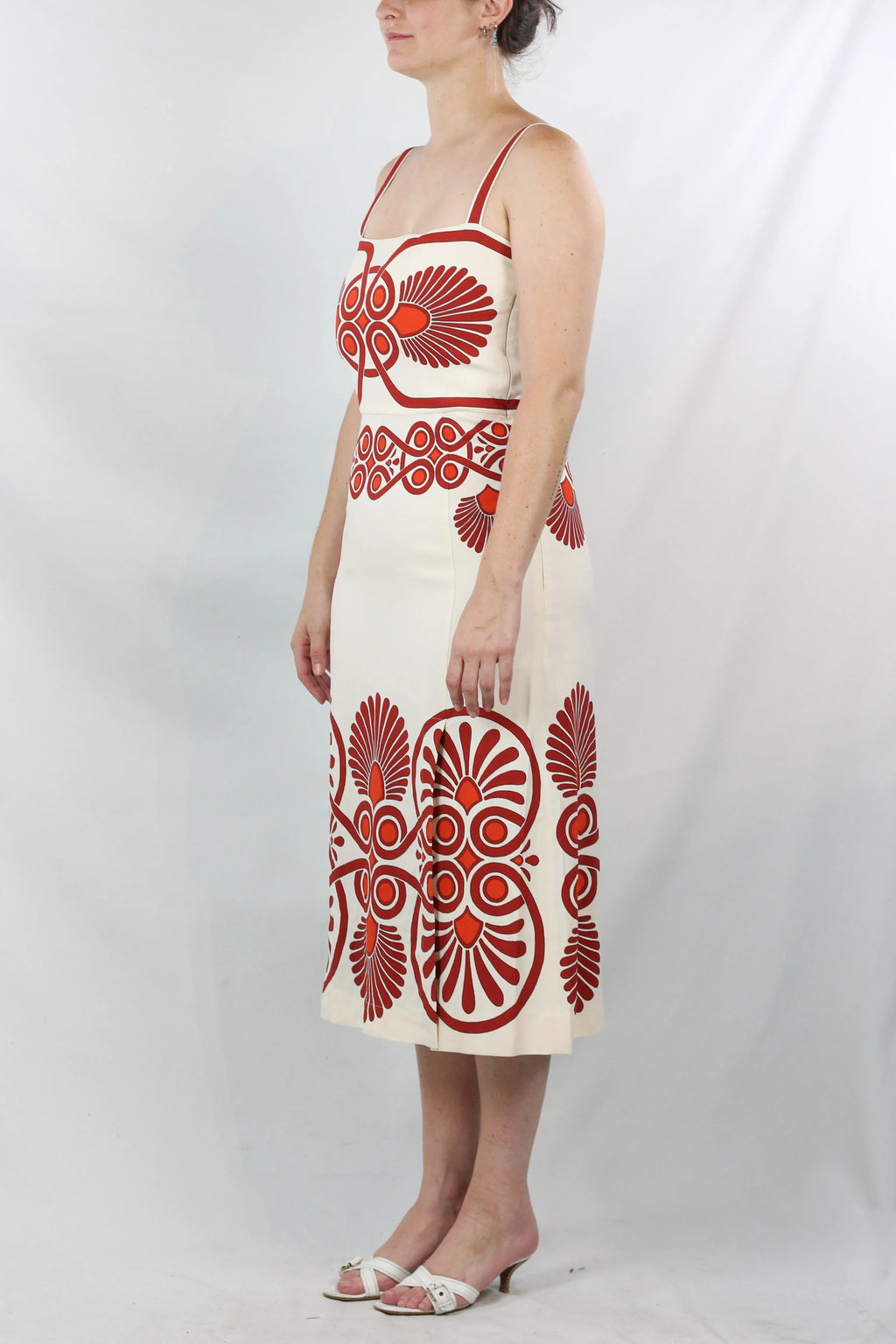 Cream & Red Ornamental Print Midi Dress