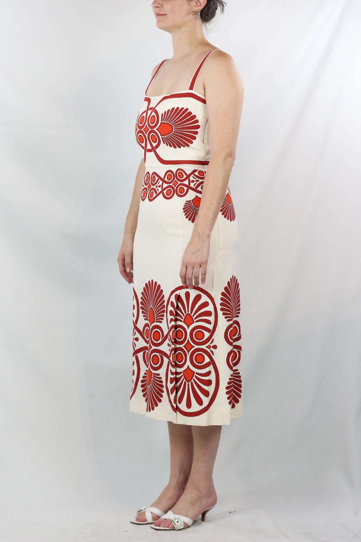 Cream & Red Ornamental Print Midi Dress