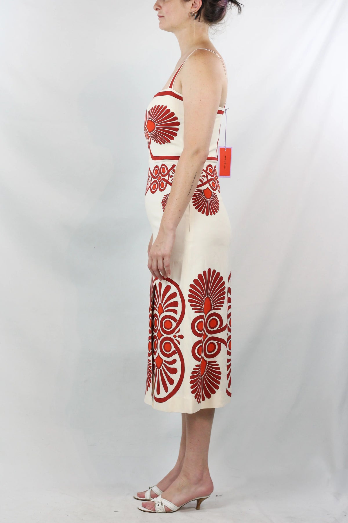 Cream & Red Ornamental Print Midi Dress