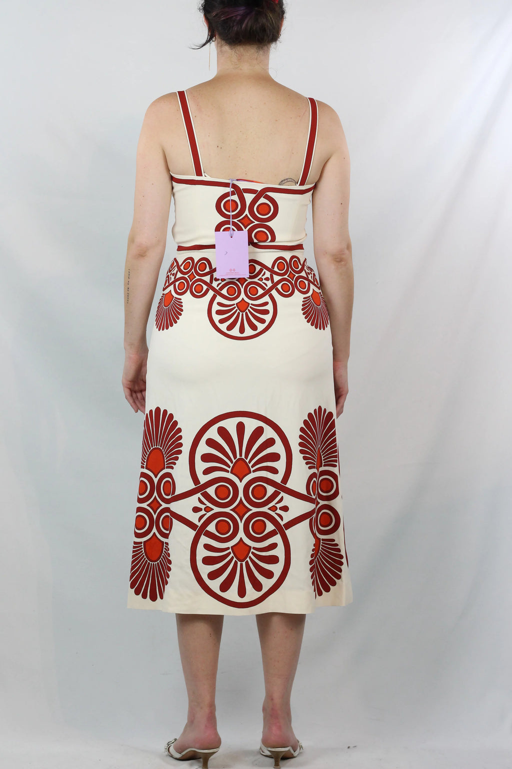 Cream & Red Ornamental Print Midi Dress
