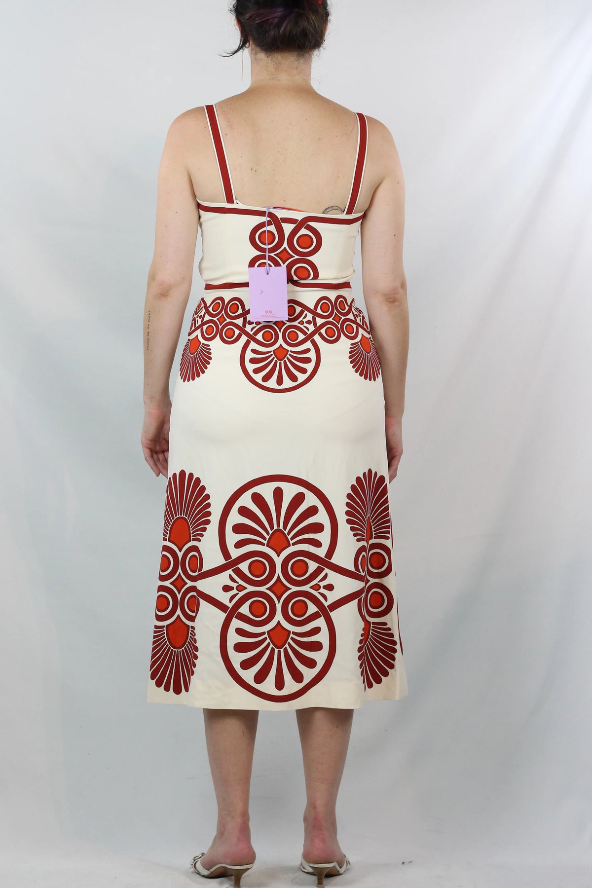 Cream & Red Ornamental Print Midi Dress