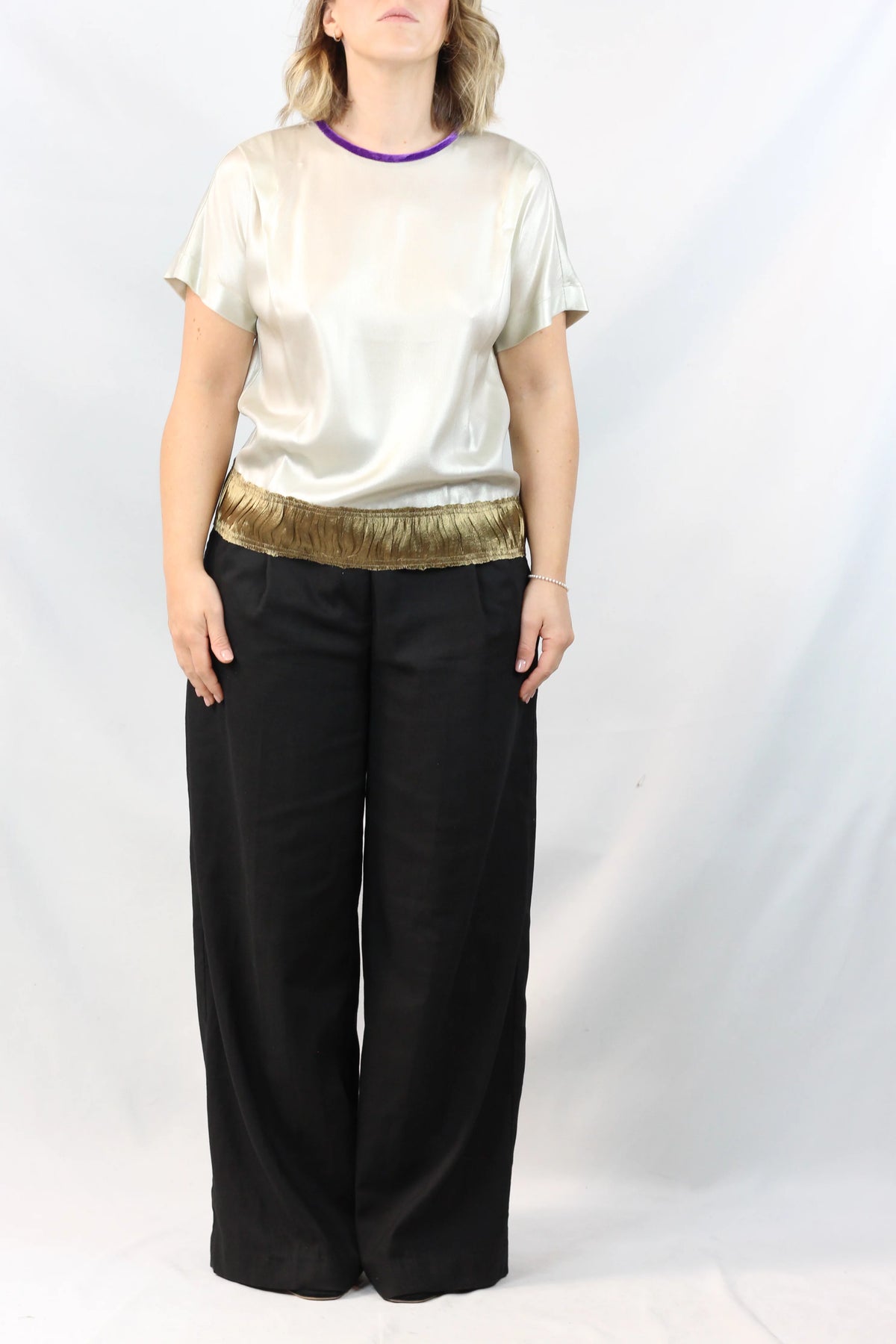 Silk Satin Blouse with Velvet Trim & Contrast Hem