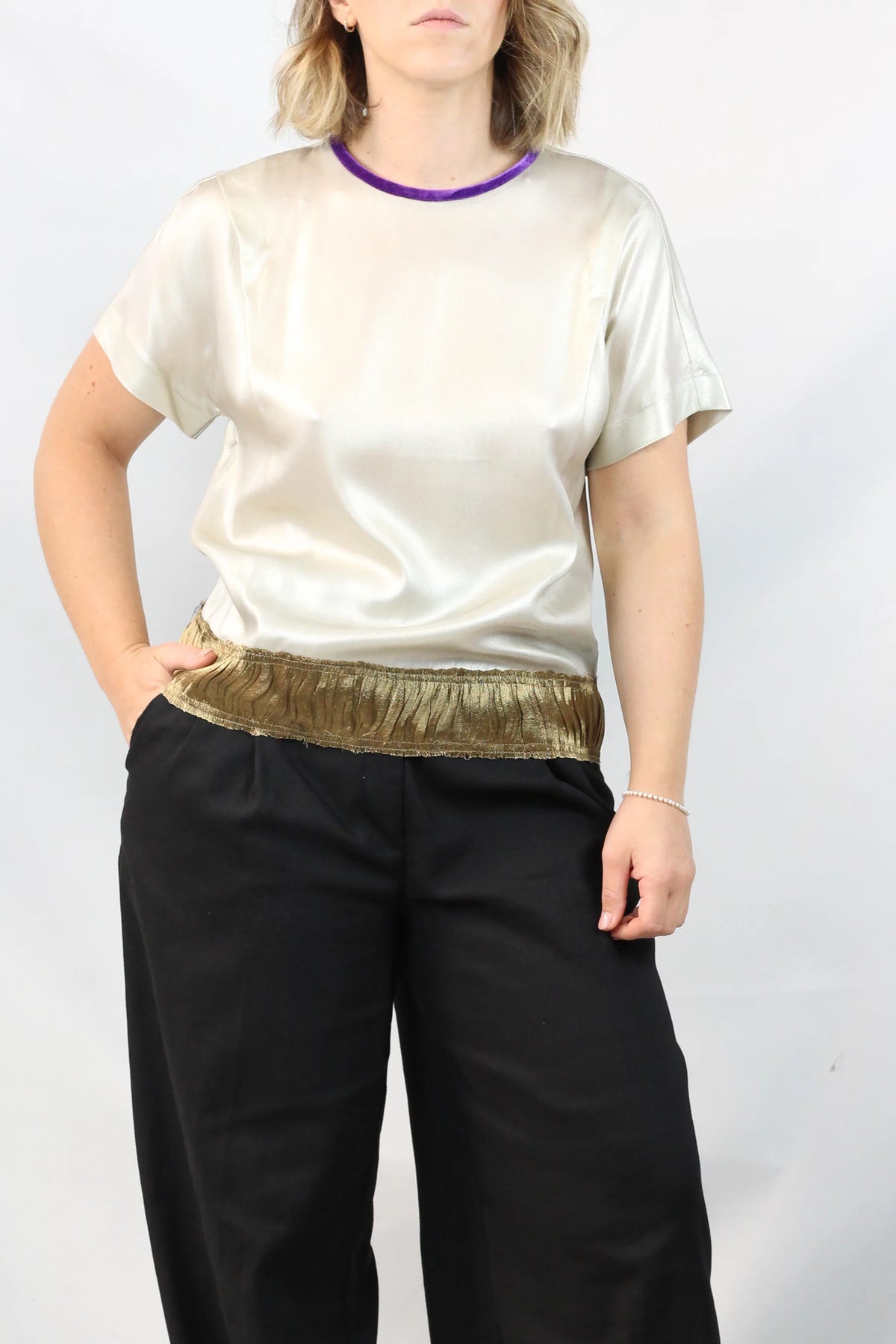 Silk Satin Blouse with Velvet Trim & Contrast Hem