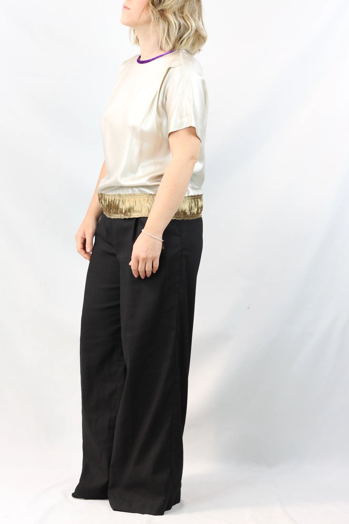 Silk Satin Blouse with Velvet Trim & Contrast Hem