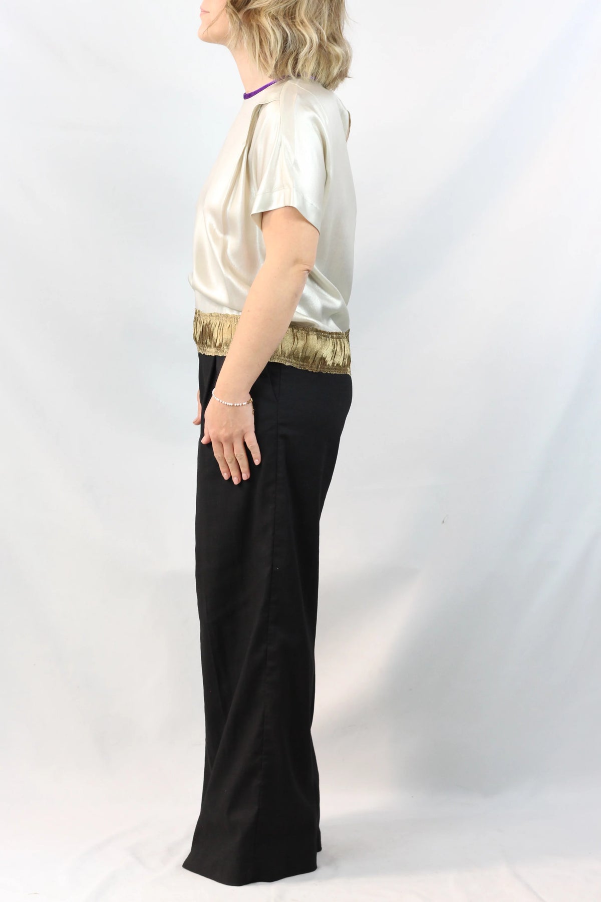 Silk Satin Blouse with Velvet Trim & Contrast Hem