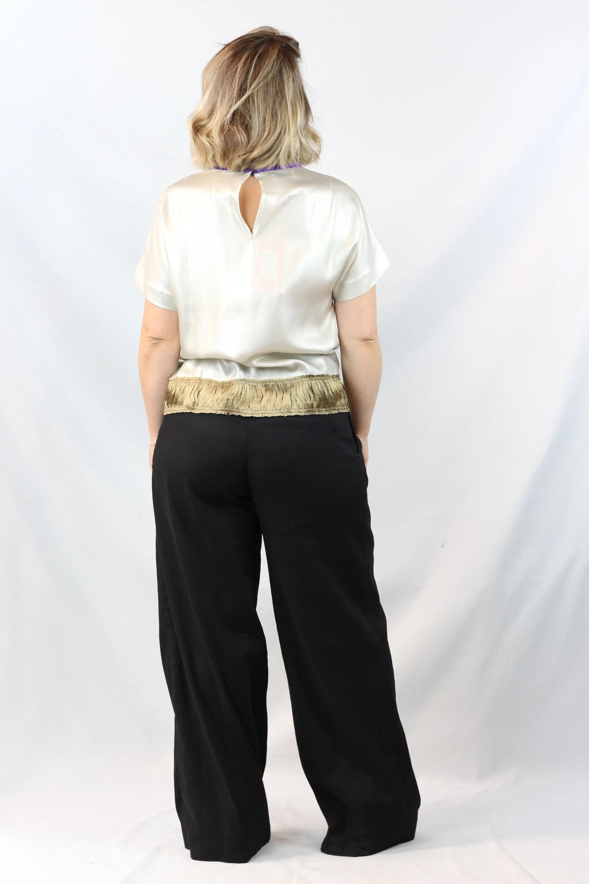 Silk Satin Blouse with Velvet Trim & Contrast Hem