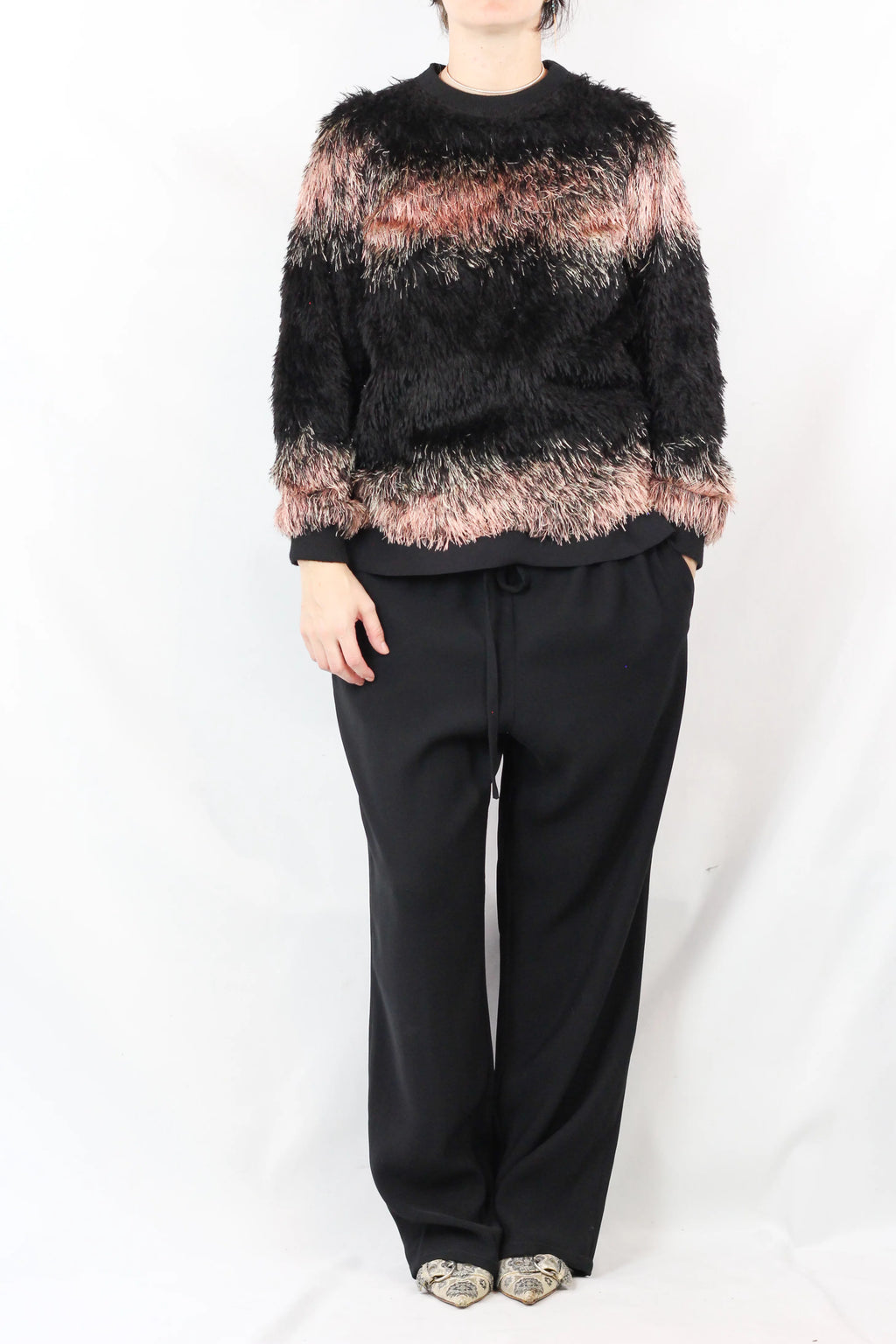 Faux Fur Stripe Knit Pullover Top