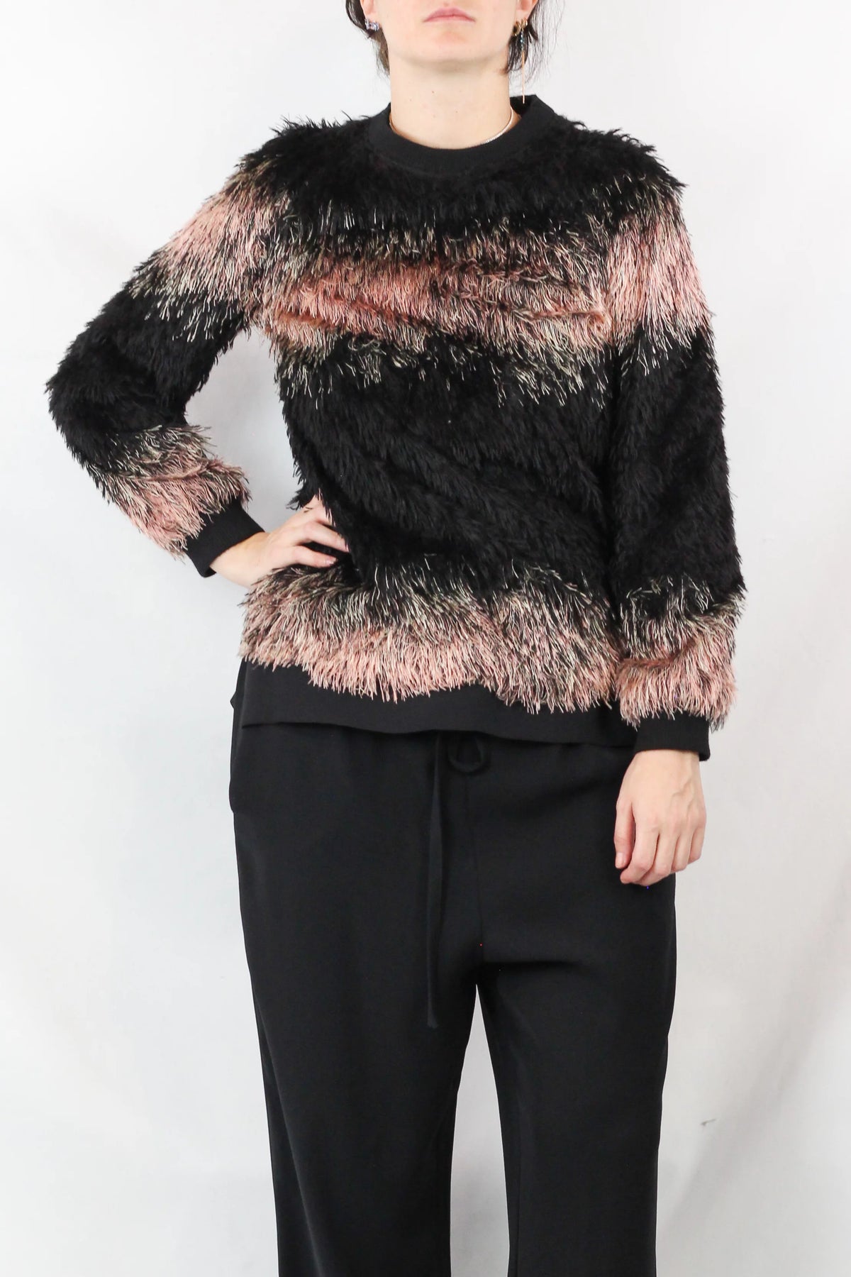 Faux Fur Stripe Knit Pullover Top
