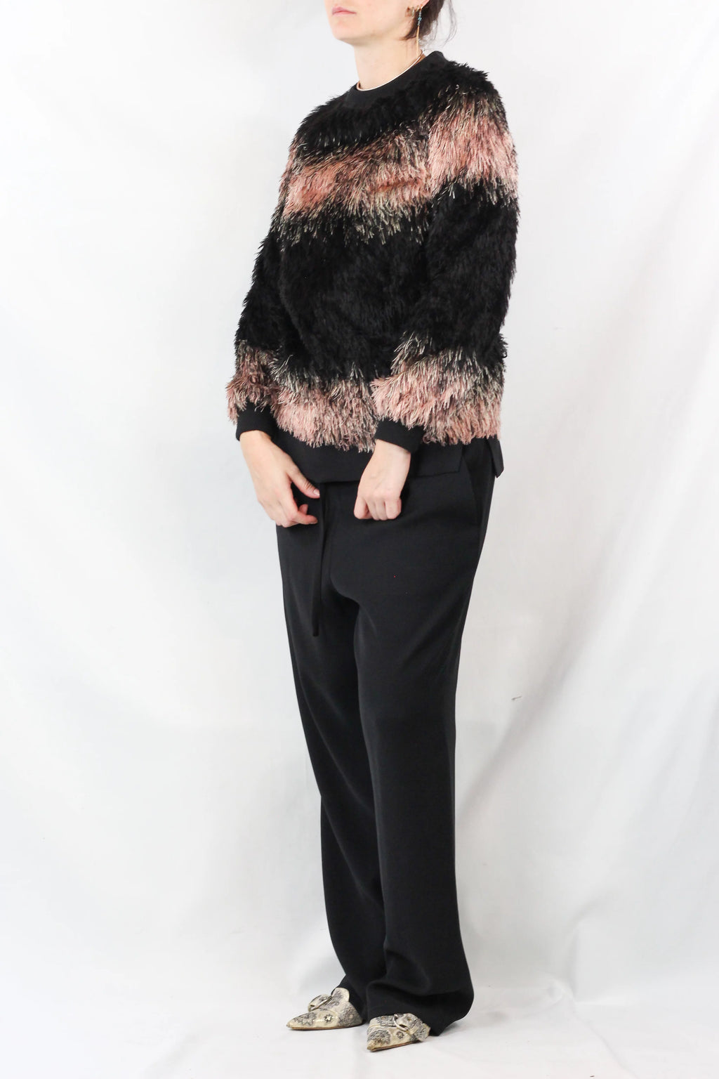 Faux Fur Stripe Knit Pullover Top