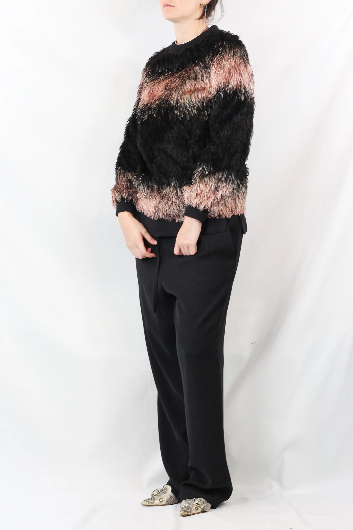 Faux Fur Stripe Knit Pullover Top