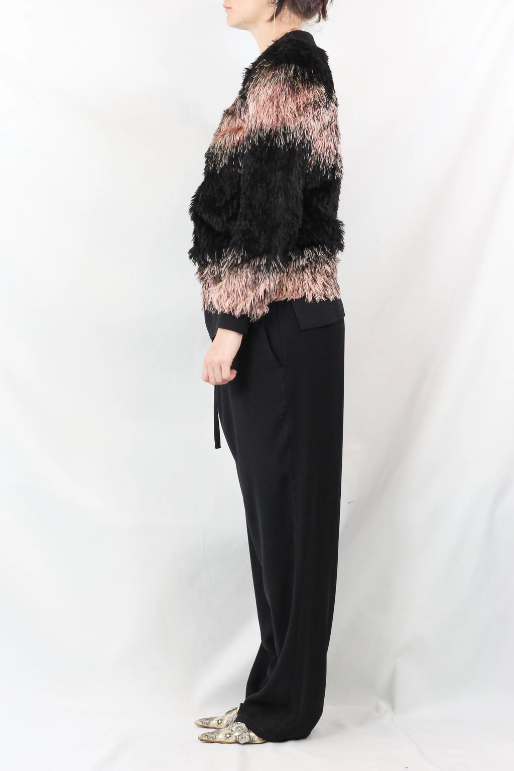 Faux Fur Stripe Knit Pullover Top