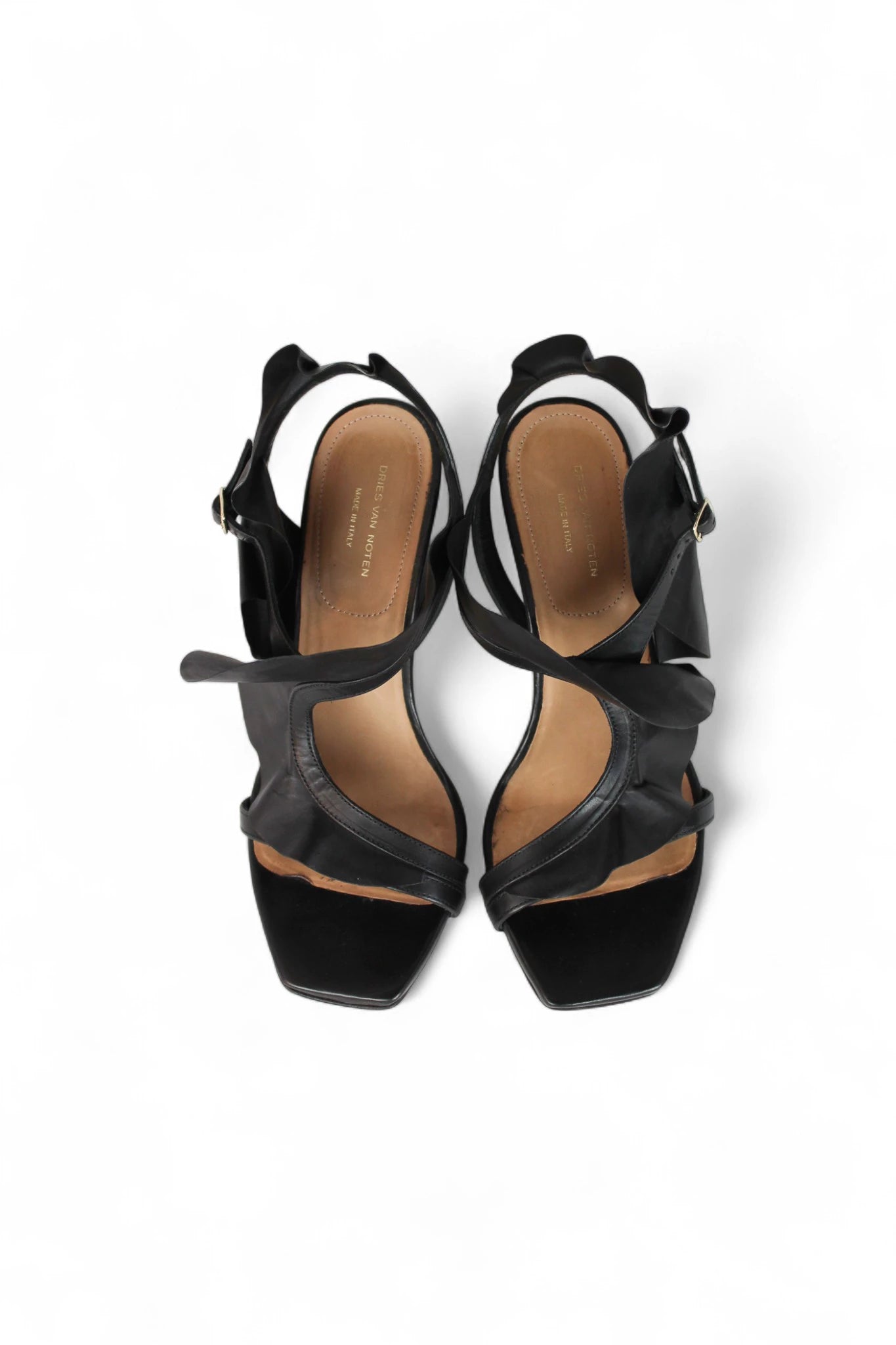 Black Leather Sandals with Ruffled Straps