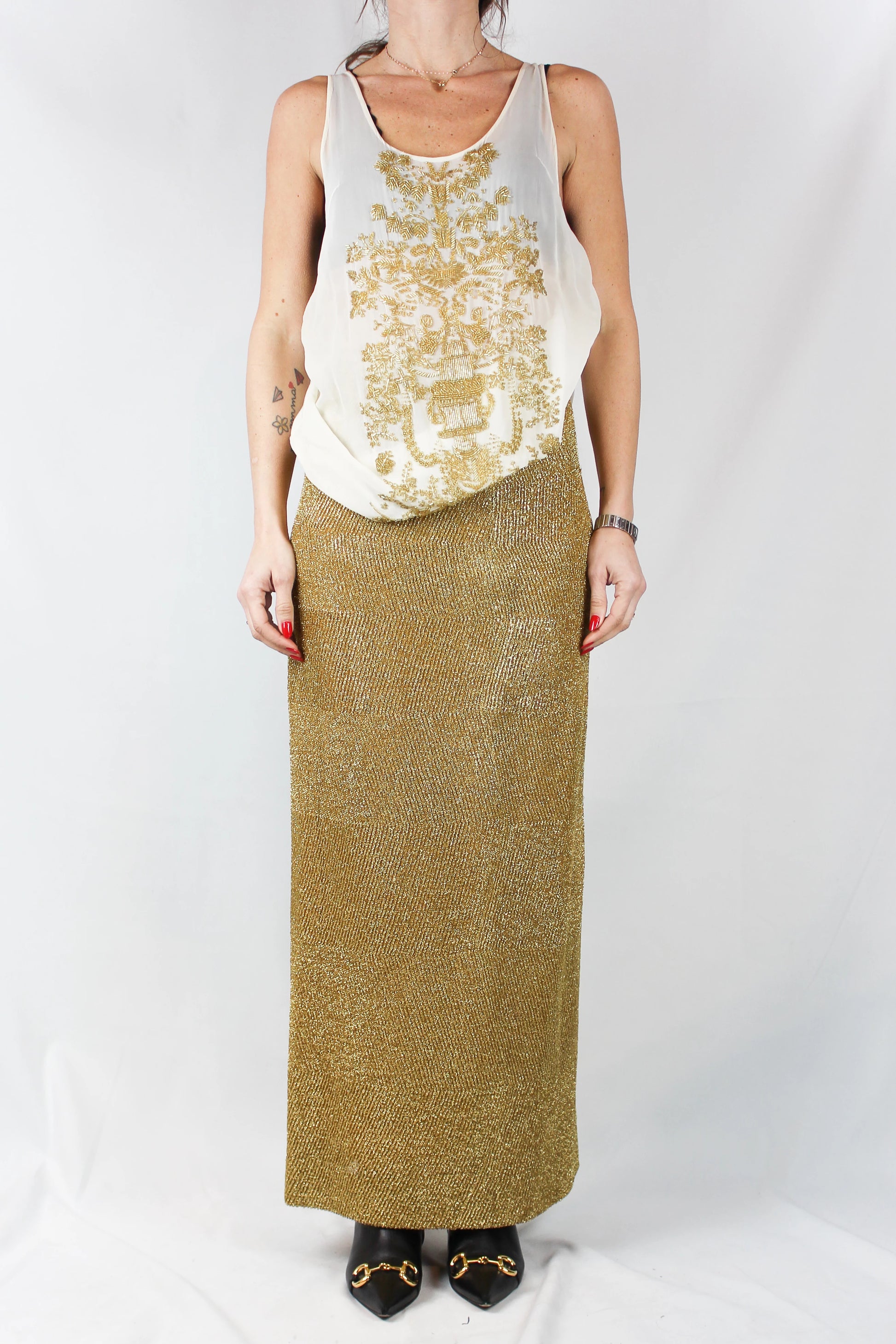 Cream Tank Top with Gold Beaded Embroidery