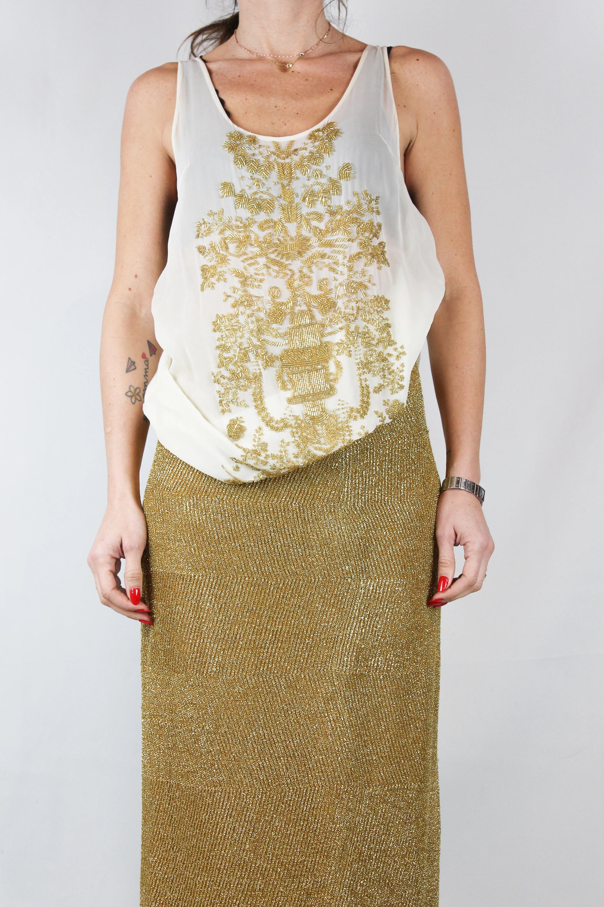Cream Tank Top with Gold Beaded Embroidery
