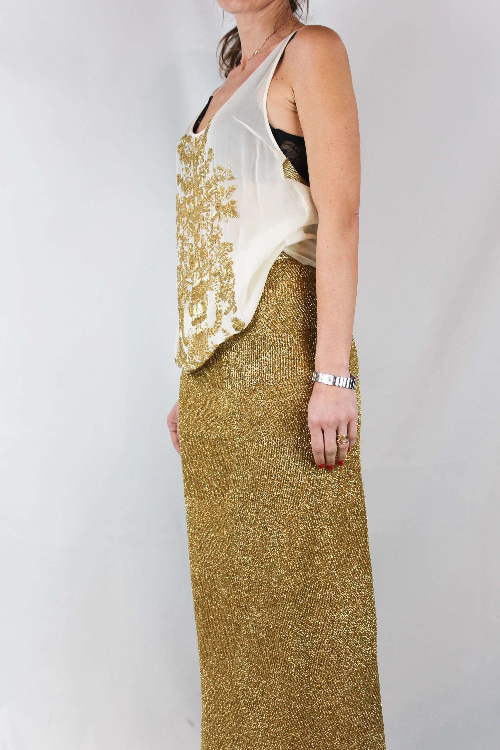 Cream Tank Top with Gold Beaded Embroidery