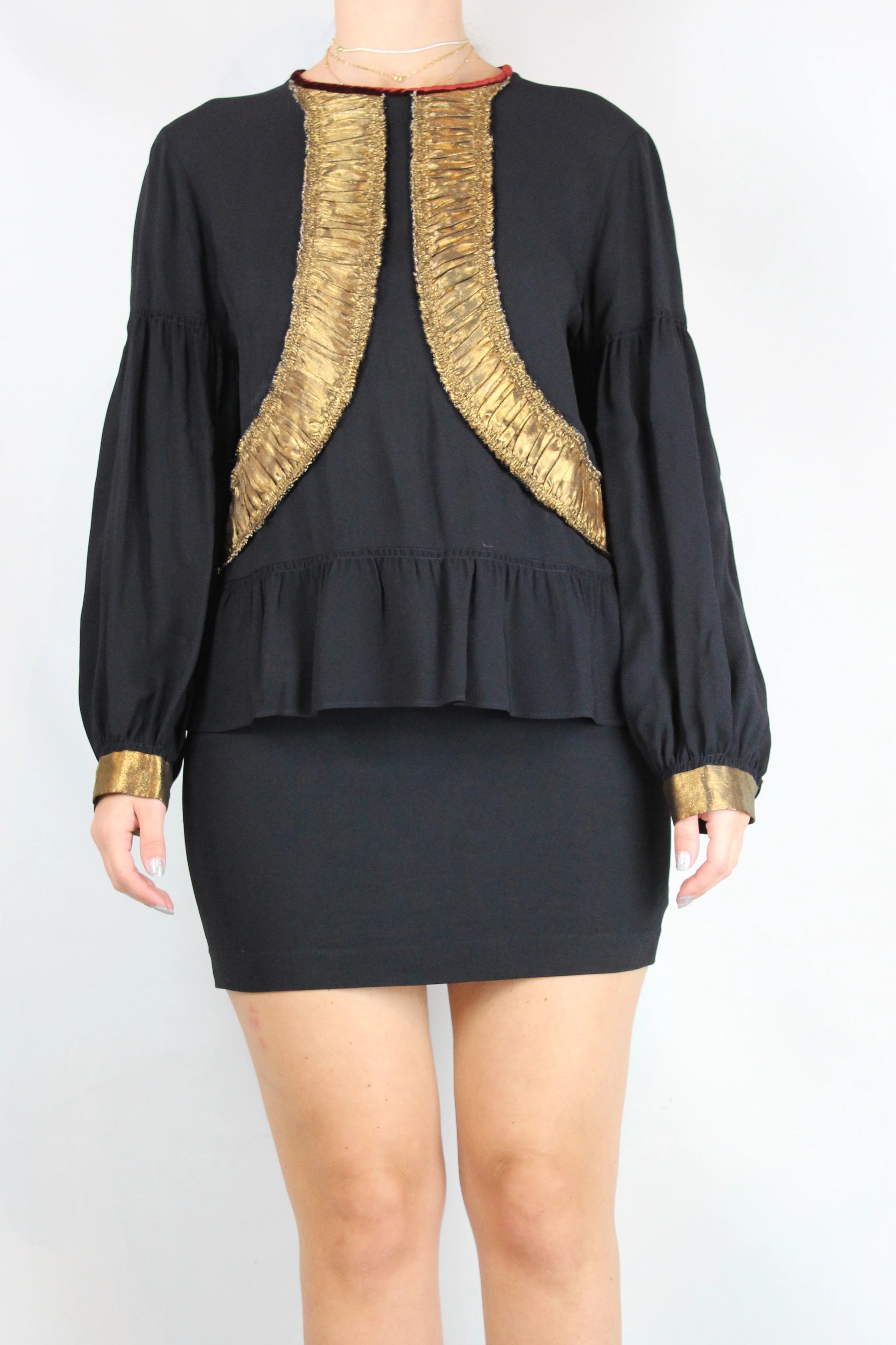 Black Long-Sleeved Top with Gold Ruched Front