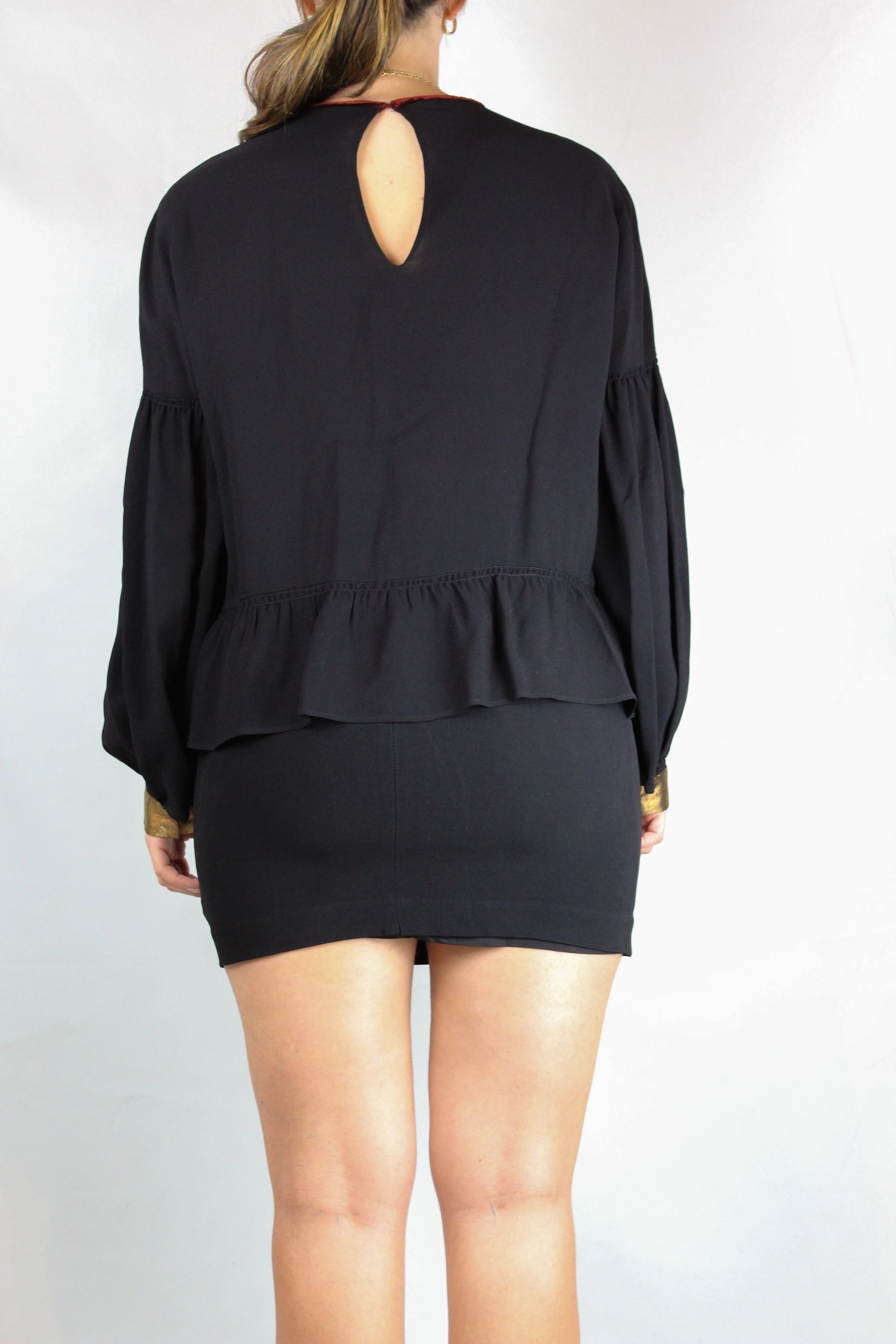 Black Long-Sleeved Top with Gold Ruched Front