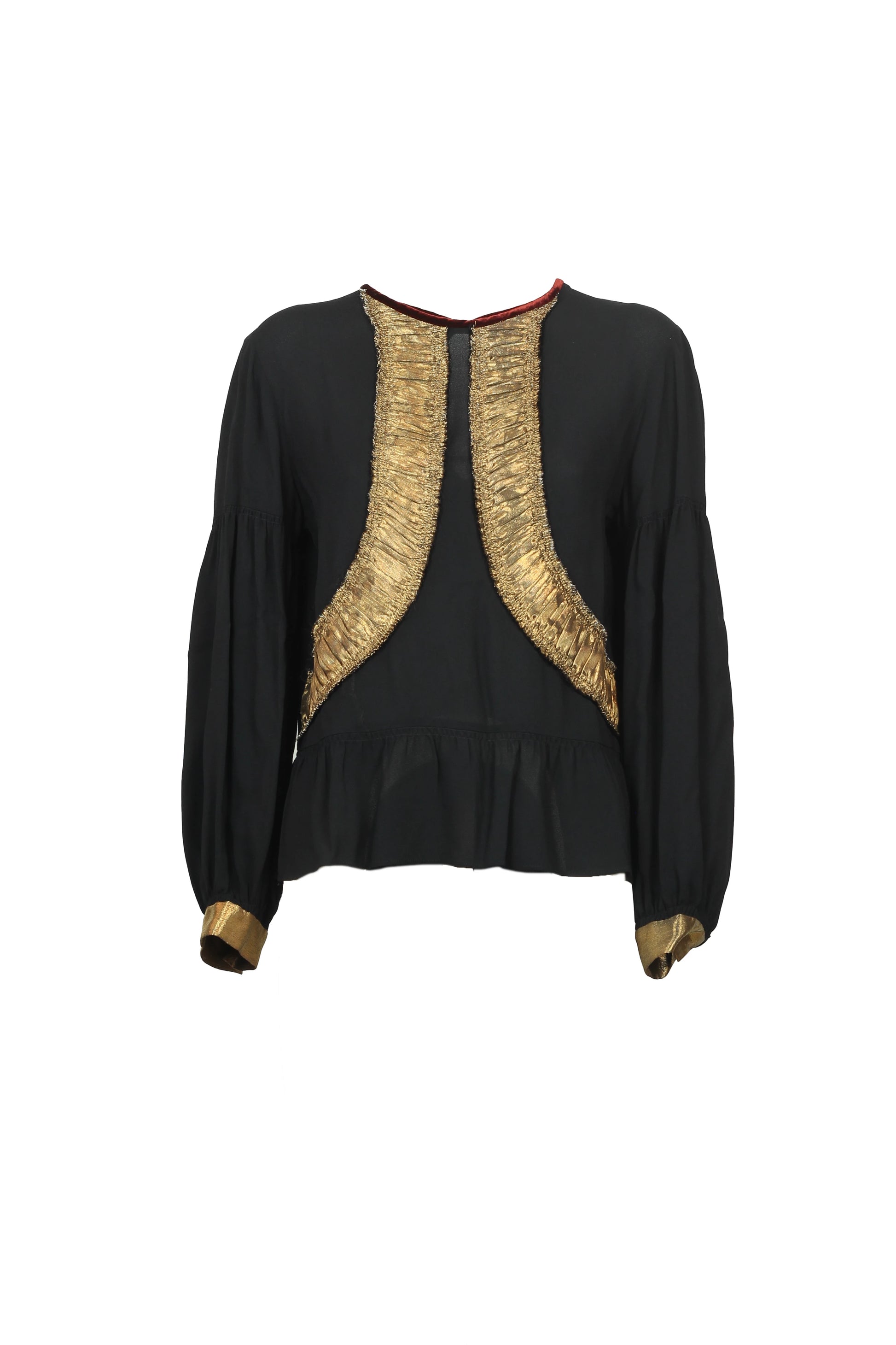 Black Long-Sleeved Top with Gold Ruched Front