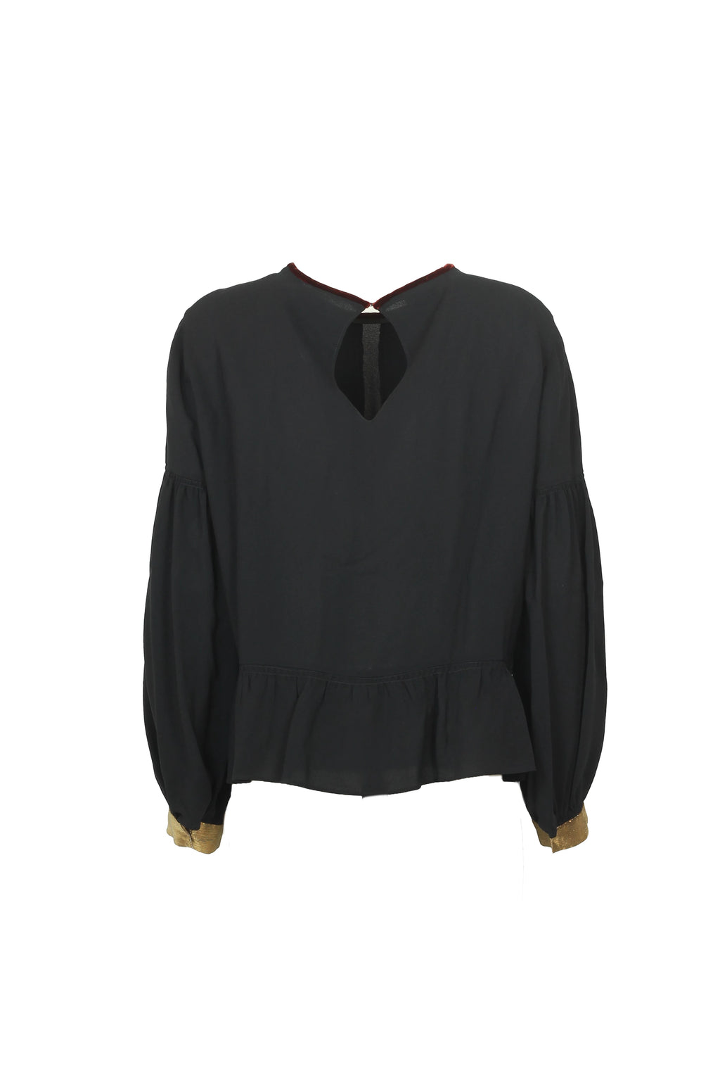 Black Long-Sleeved Top with Gold Ruched Front