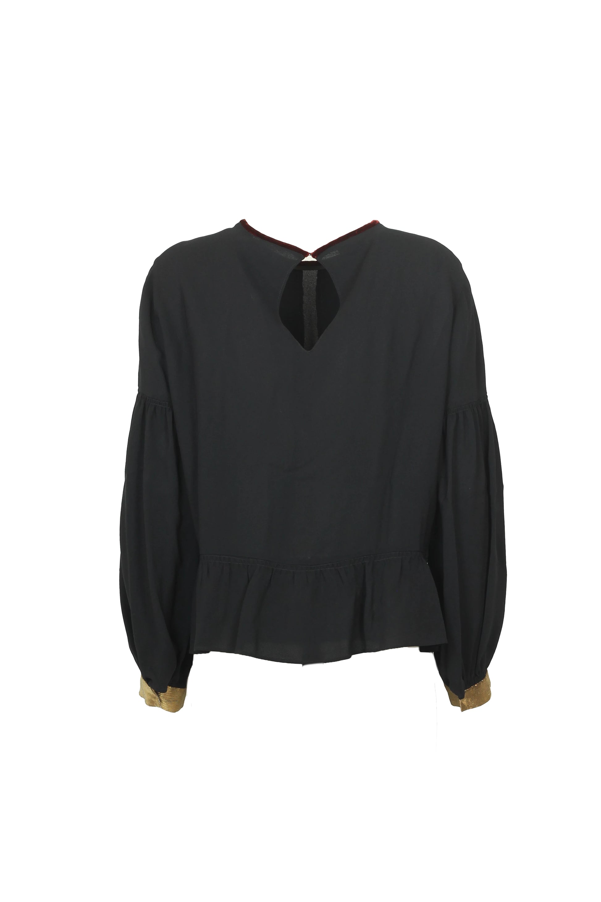 Black Long-Sleeved Top with Gold Ruched Front