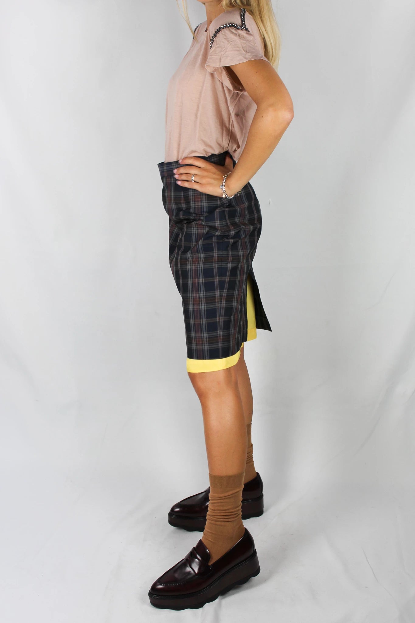Tartan Pencil Skirt with Contrast Yellow Lining