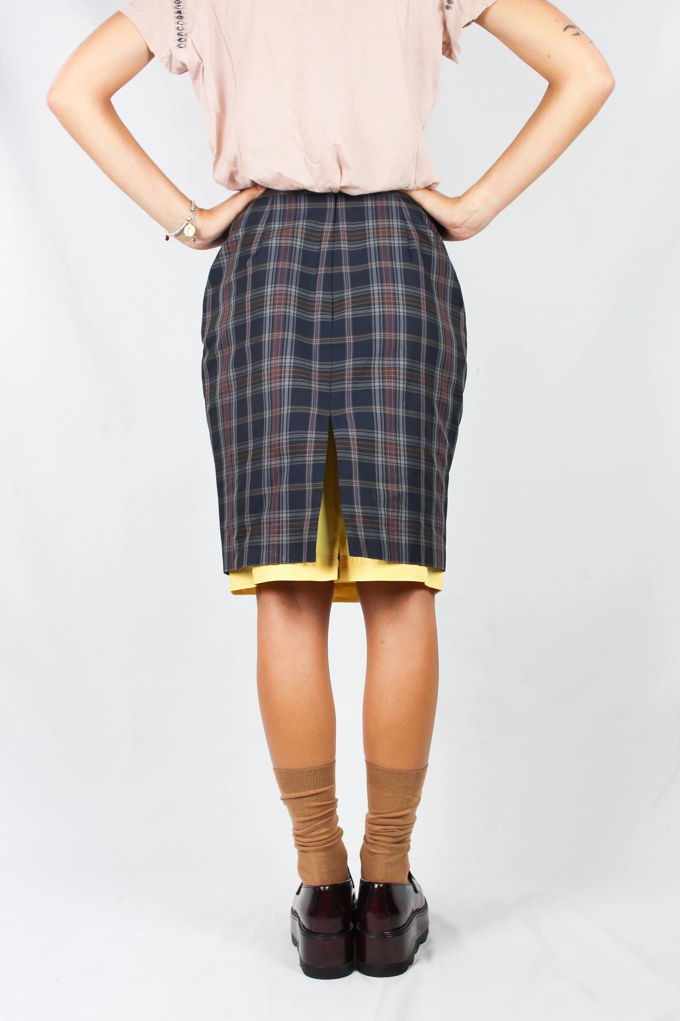 Tartan Pencil Skirt with Contrast Yellow Lining