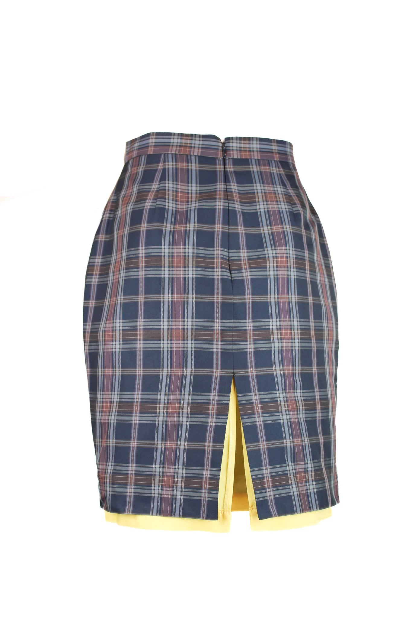 Tartan Pencil Skirt with Contrast Yellow Lining