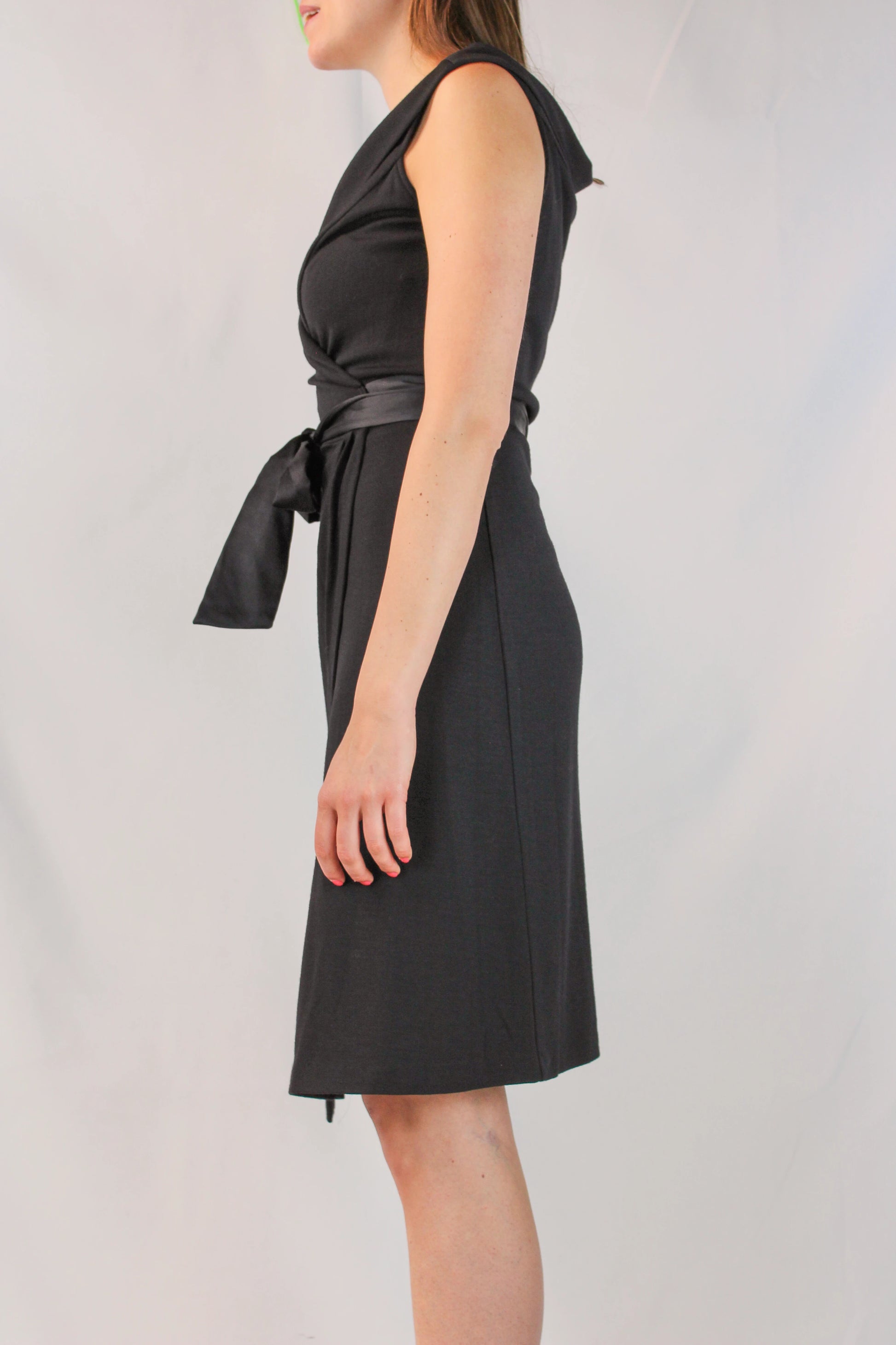 Black Wool Wrap Dress with Satin Ribbons and Deep V-Neck