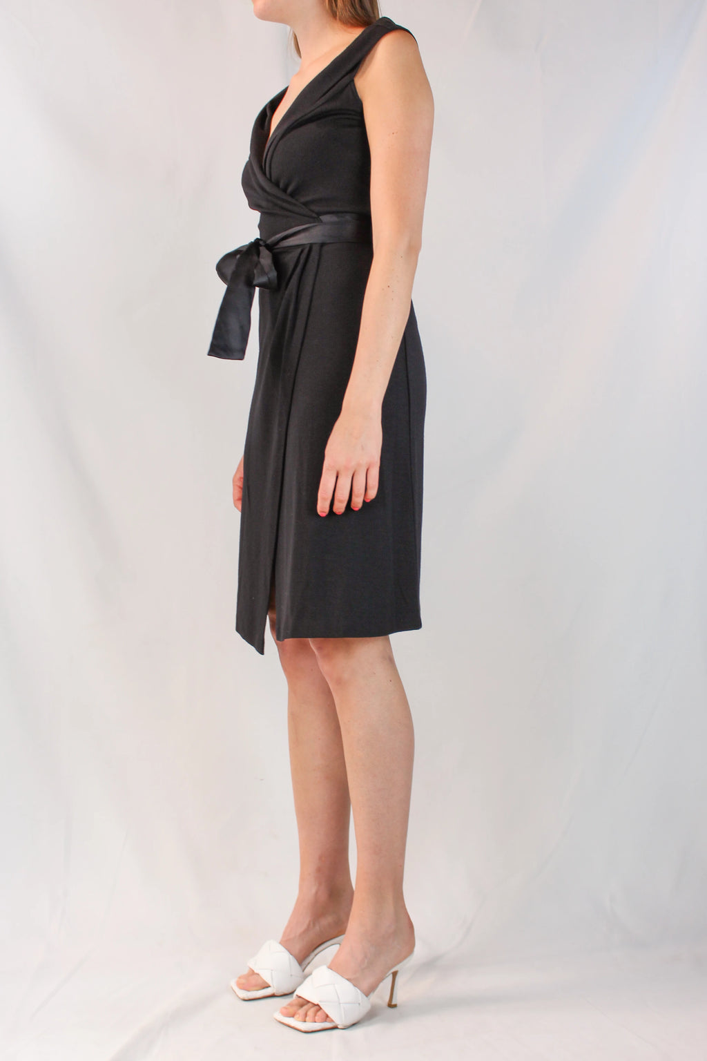 Black Wool Wrap Dress with Satin Ribbons and Deep V-Neck