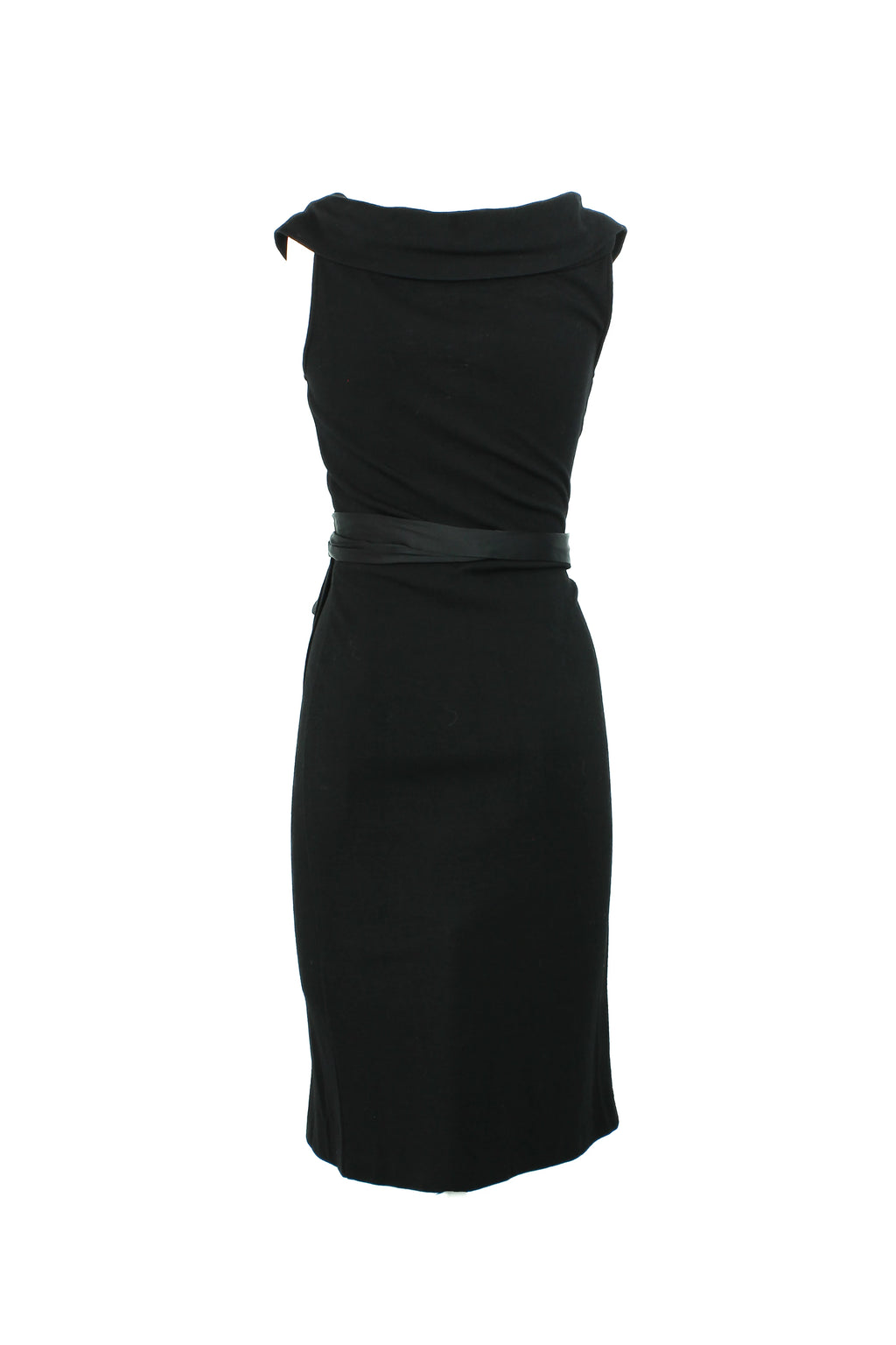 Black Wool Wrap Dress with Satin Ribbons and Deep V-Neck