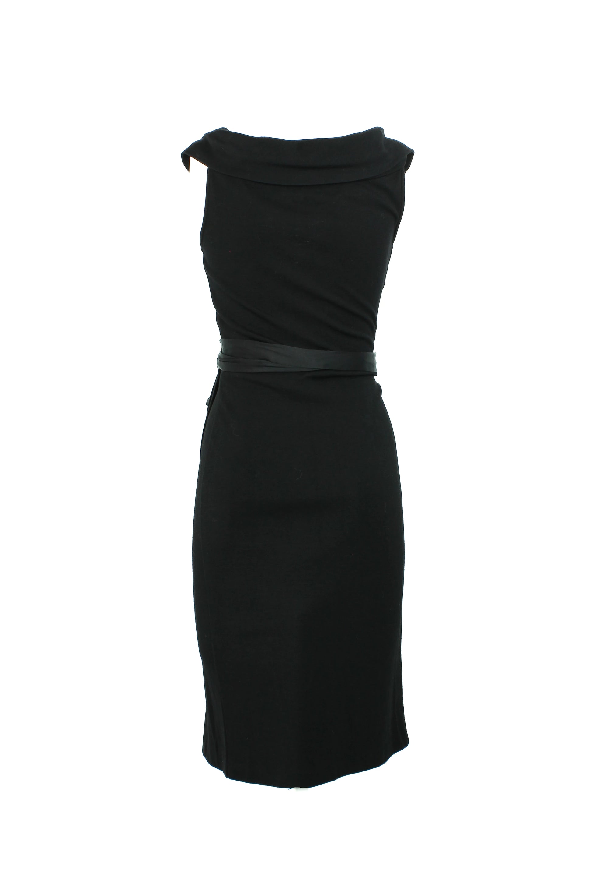 Black Wool Wrap Dress with Satin Ribbons and Deep V-Neck